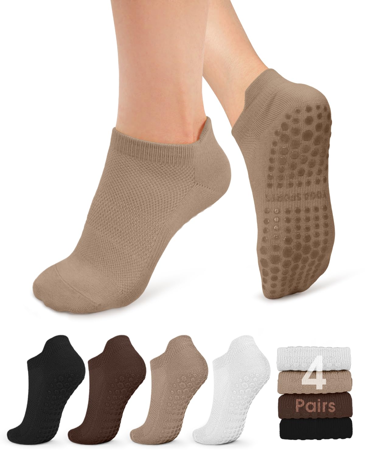 yeuG Pilates Socks for Women Non Slip Grip Socks for Yoga, Barre, Hospital, Barefoot Grippy Yoga Sock Womens Gifts 4 Pairs