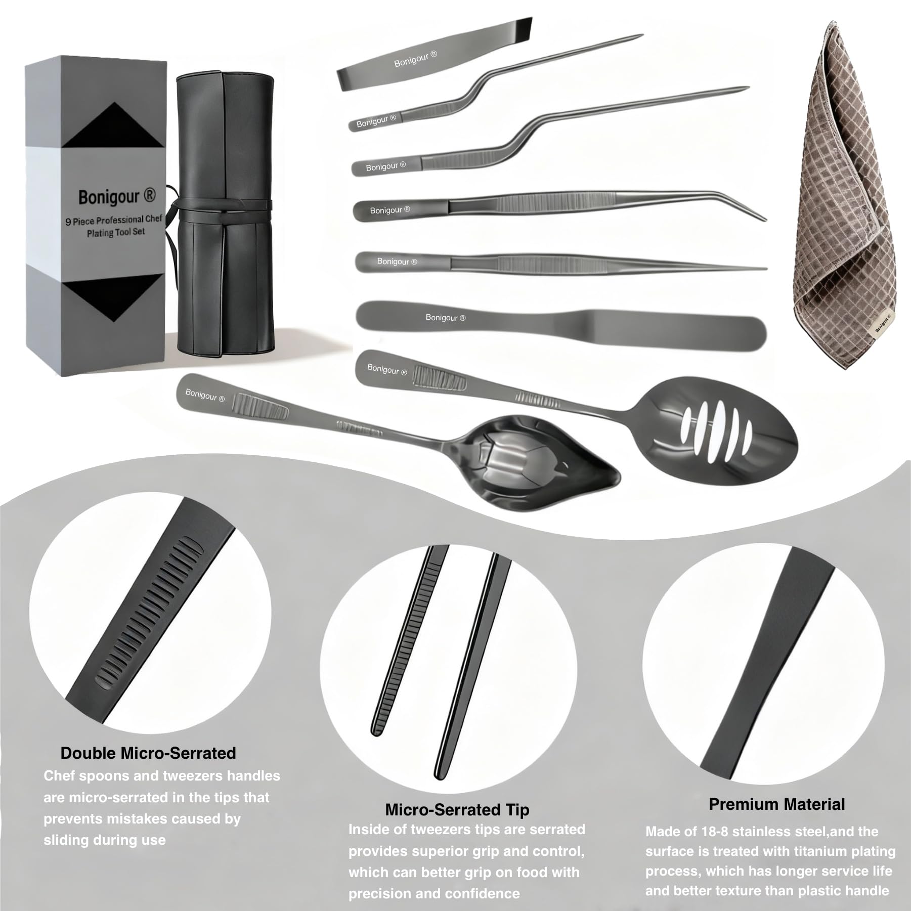 Chef Plattierwerkzeuge, professionelles kulinarisches Beschichtungswerkzeug-Set, Edelstahl-Fischpinzette, Gebäckspatel, Kuchendekorationspinzette für Molekulare Gastronomie (schwarz)