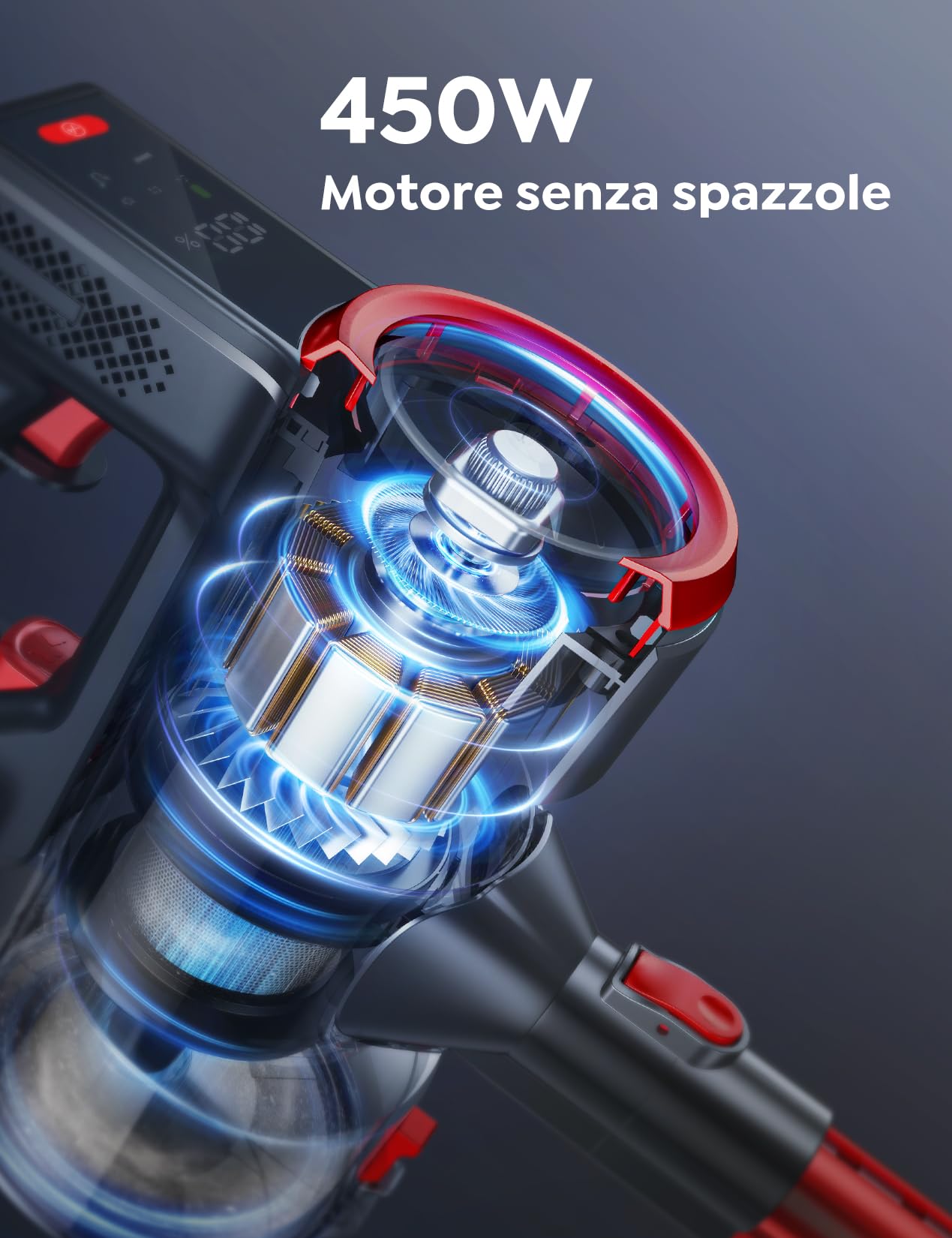 Aspirapolvere Senza Fili 50W/38000pa,55Min Batteria Rimovibile,Scopa Elettrica Senza Fili con modalità automatica e touch screen a LED e funzione antigroviglio,per Pavimenti/Tappeti/Pelosità