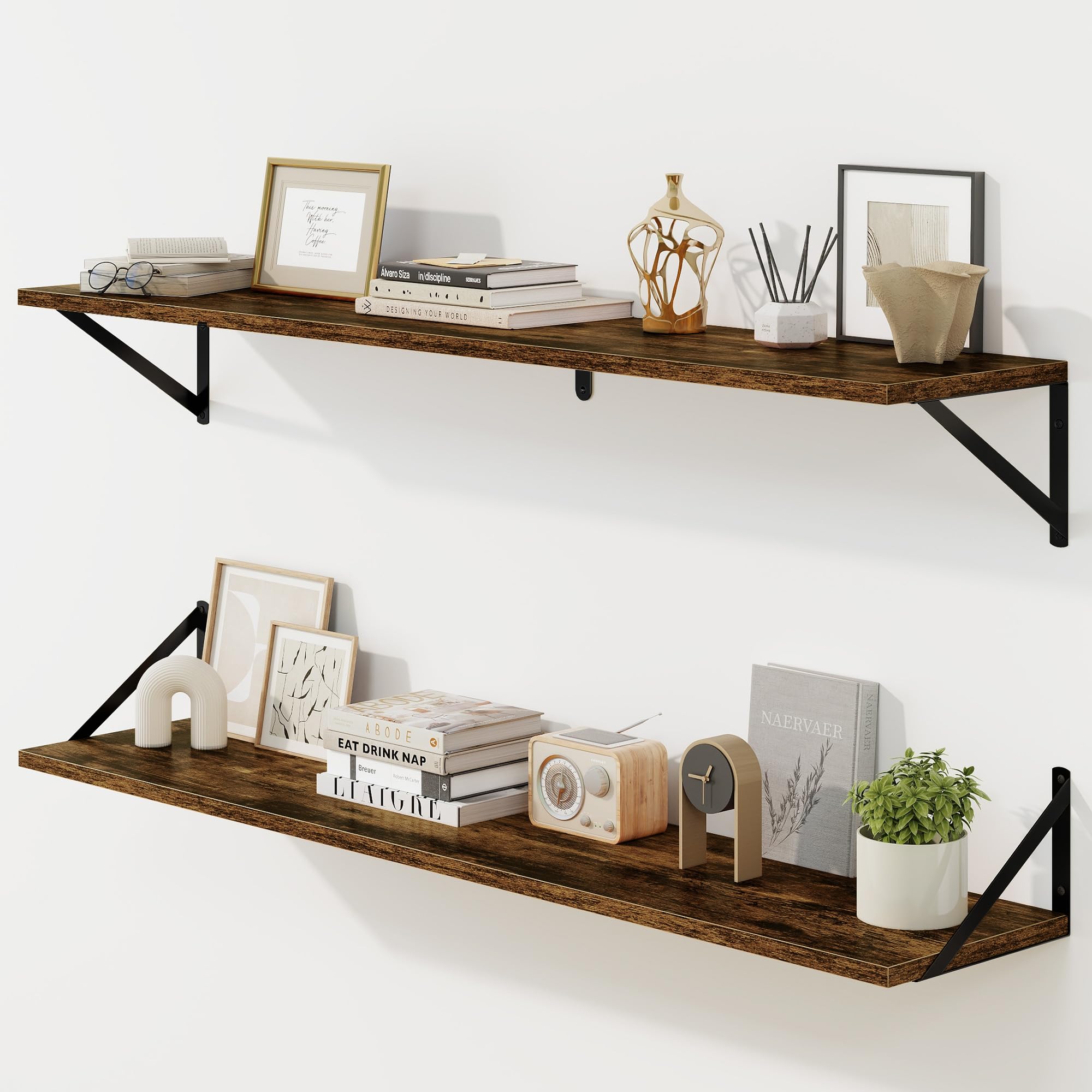 Fun Memories Deep Floating Shelves for Wall, 48W x 8D Wall Mounted Shelves Set of 2, Wide Display Ledge Shelf with Sturdy Metal Brackets for Living
