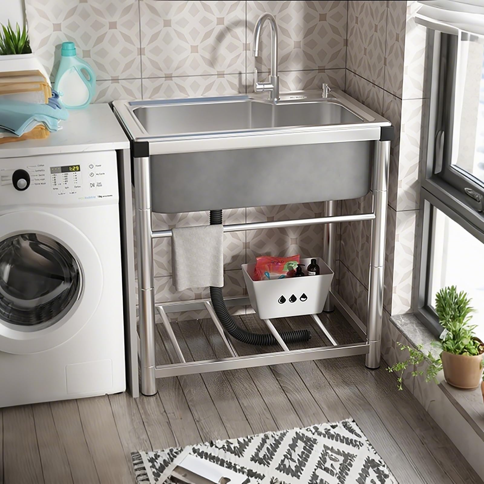 Evier Inox 1 Bac, Évier De Jardin Extérieur Portable, Avec Chaud/Froid Robinet Et Support, Pour Cuisines, Jardin, Garage, Waschküche(45 * 40cm/17.7 * 15.7in)