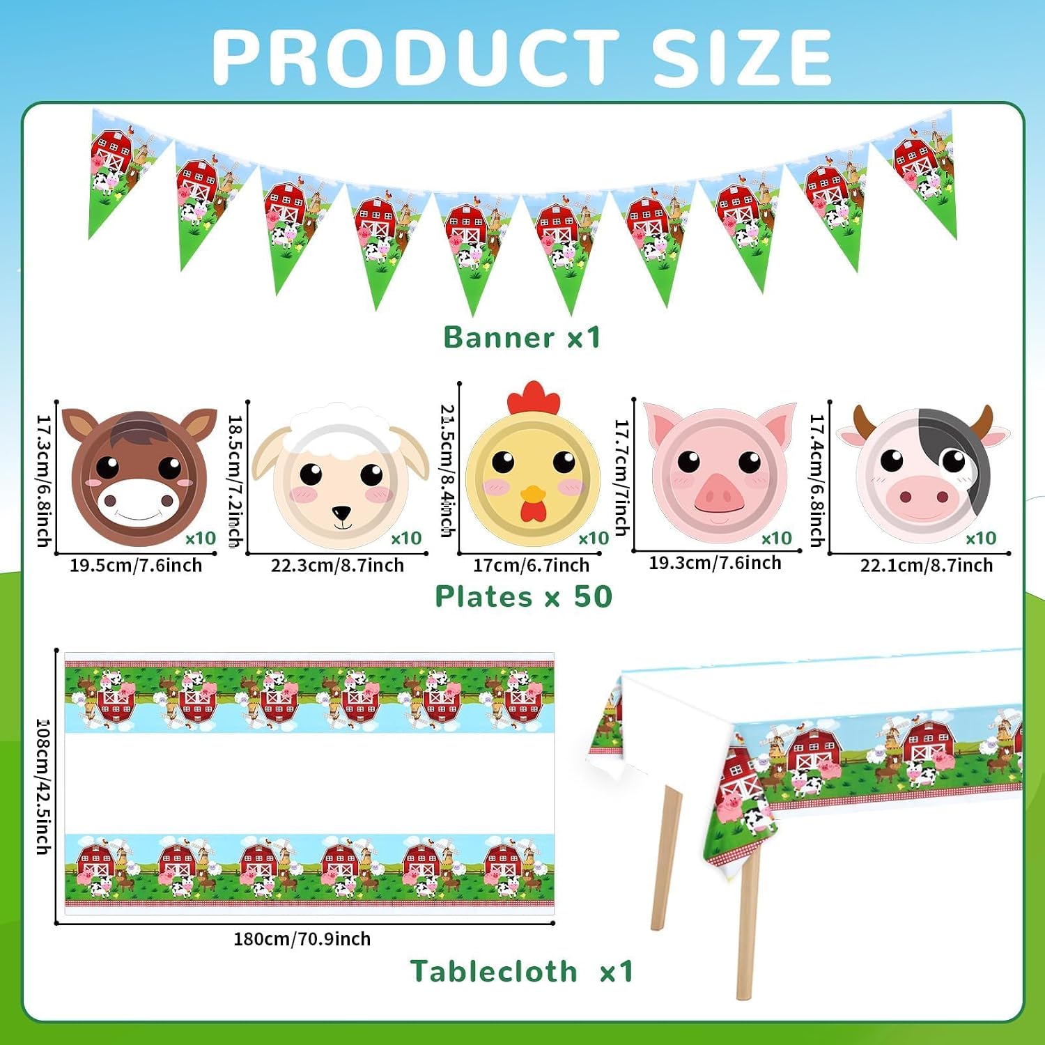Farm Animals Birthday Party Decorations Farmhouse Theme Disposable Paper Plates Farm Animal Tablecloth Animals Banner for Barnyard Theme Baby Shower Boys Girls Birthday Party Supplies Serve 50