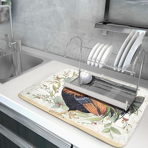 Miniatura 5 de Tapete de secado de platos de gallo de granja de 18 x 24 pulgadas, microfibra absorbente vintage, tapete escurridor de platos de pollo de secado