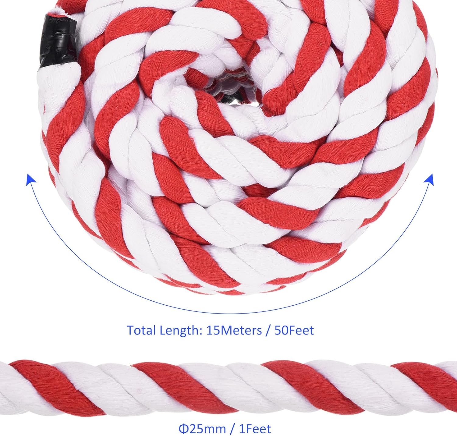 Natural Thick Twisted Cotton Rope - 3-Strands Soft Tug of War Rope Strong Cotton Rope, Apply to Crafts Hanging Swing Railings (50Ft x 1", Blue White)