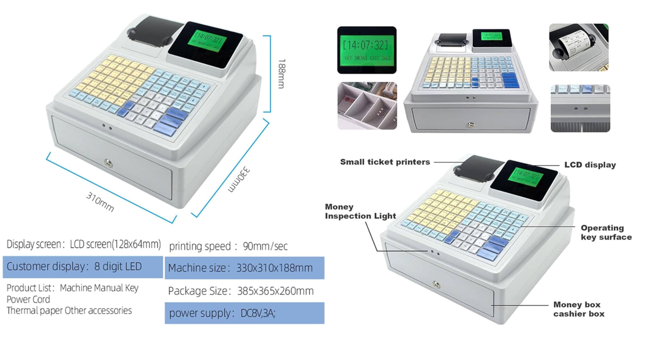 Caja registradora para pequeñas Empresas con escáner, máquina registradora electrónica con Papel, Interfaz USB,Copia de Seguridad de Datos,impresión de informes,EU