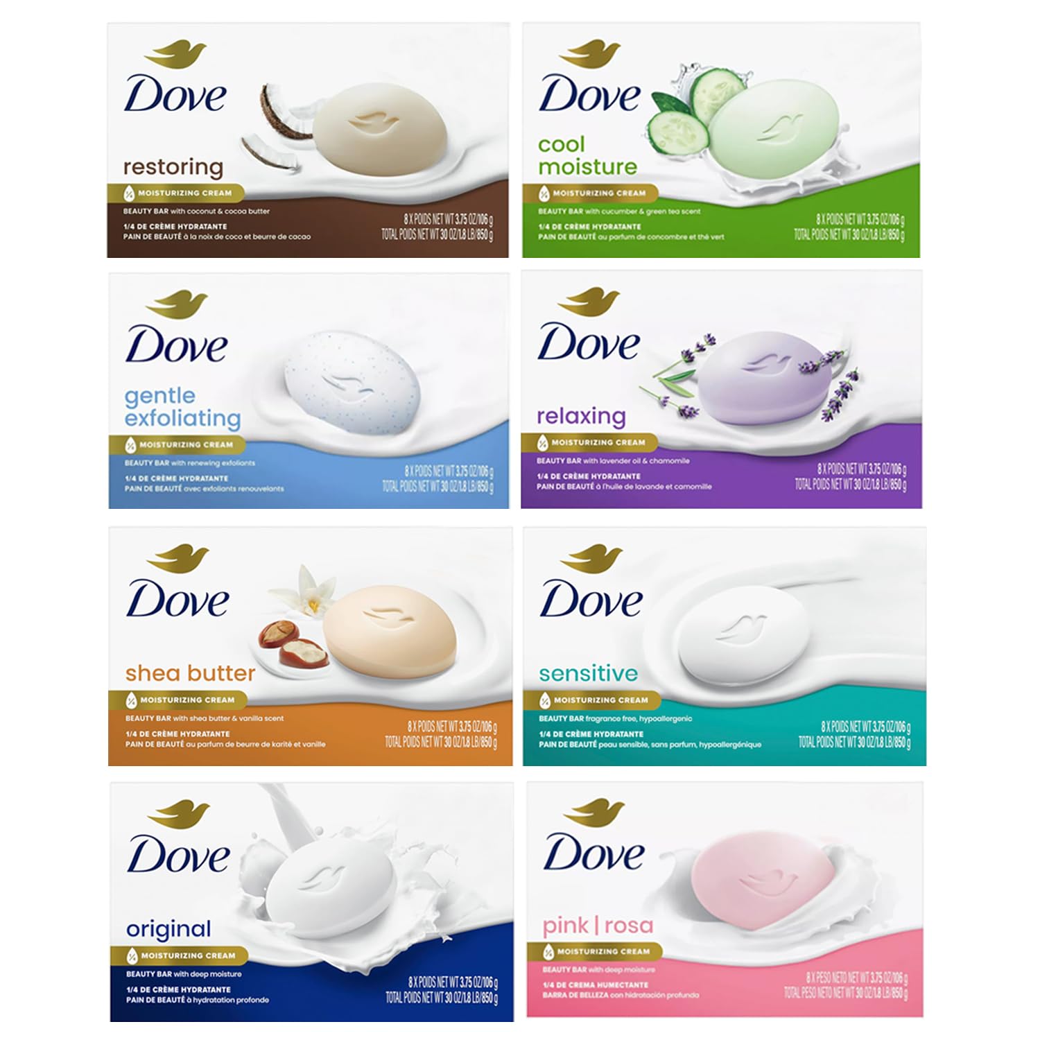DoveBeauty Bar Soap 8 Pack - Variety of Cool Moisture, Sensitive, Shea Butter, Pink Rosa, Original, Gentle Exfoliating, Relaxing Lavender and Restoring Coconut 3.75 oz ea.
