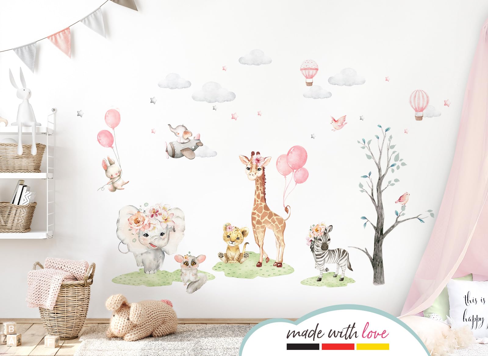 Little Deco Naklejka ścienna do pokoju dziecięcego dziewczynki zwierzęta naklejki ścienne zebra słoń zając lew, obraz ścienny, balon, chmury, dżungla, gwiazdy, DL711-4