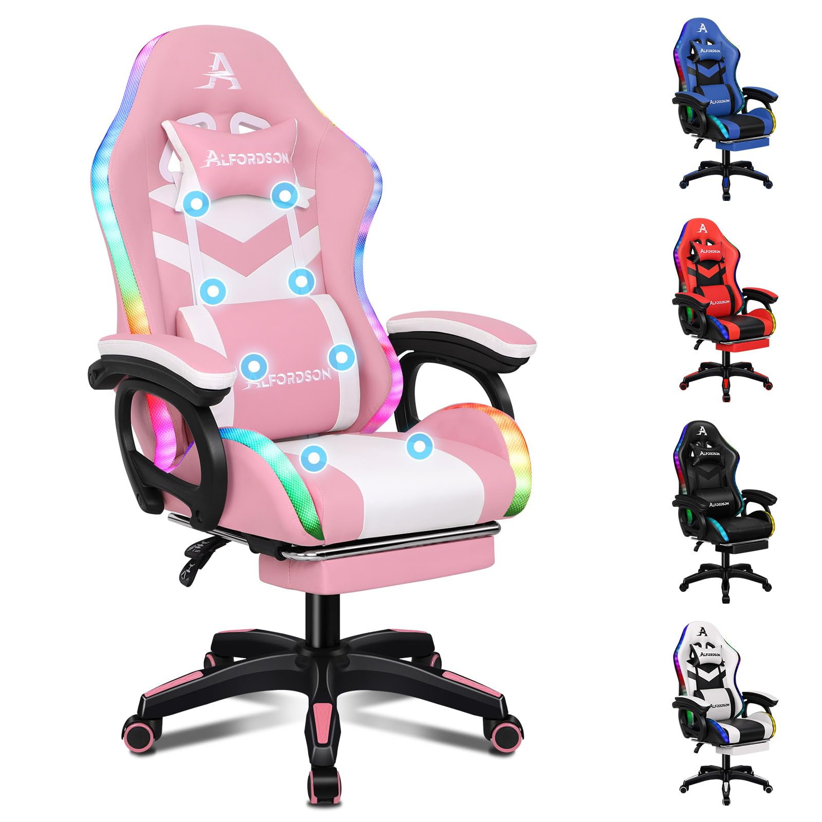 ALFORDSON Silla Gaming con Masaje y LED, Silla Gamer Ergonómica con Cojín Lumbar y Cervical, Reposapiés Telescópico, Iluminación para Ordenador, Videojuego, Juegos, Oficina, Cuero PU(Rosa)