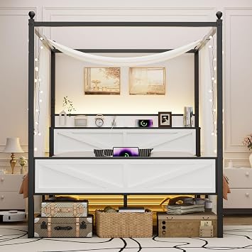 Queen Size Canopy Bed Frame with Barn Door Storage Headboard, White