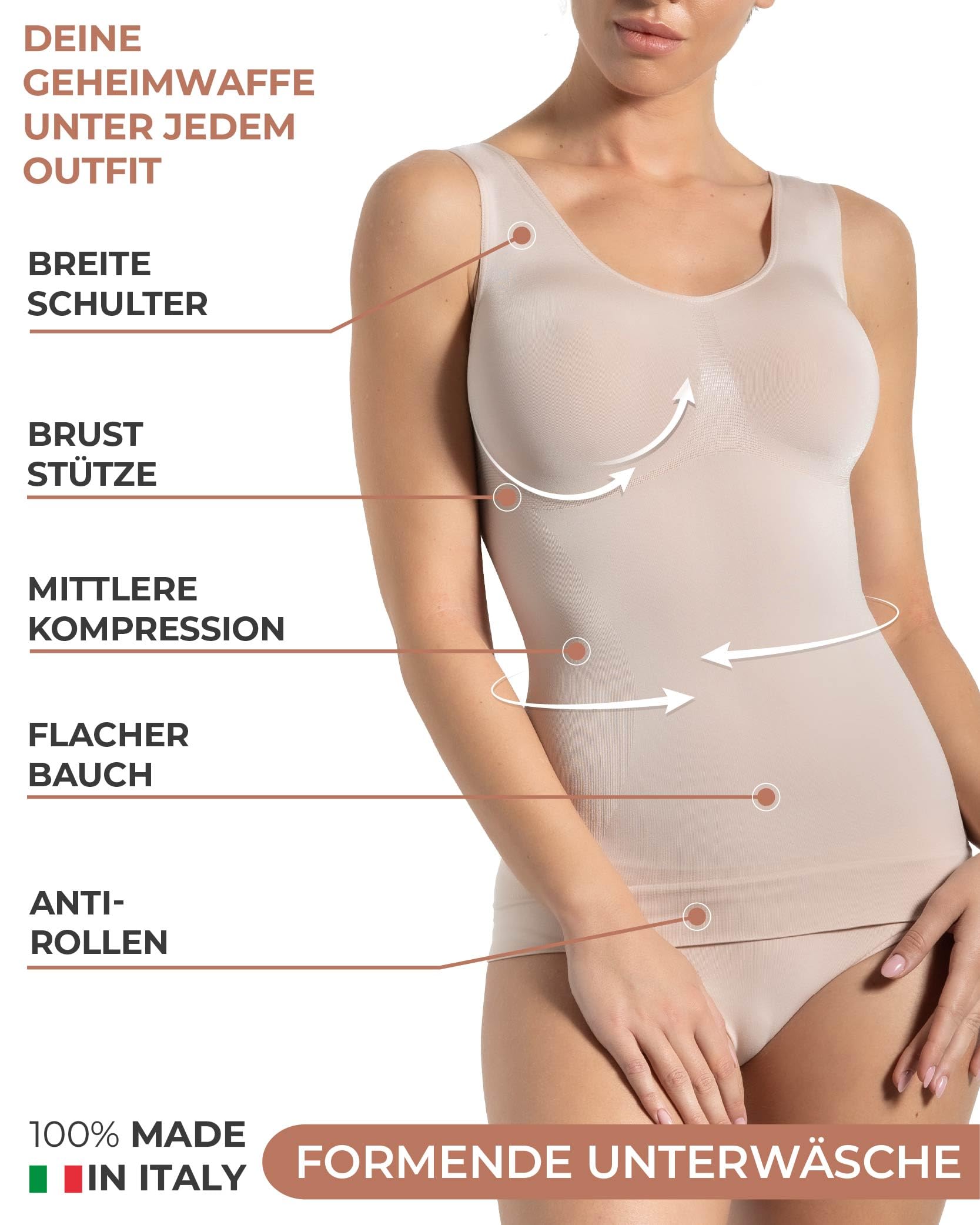 Risalti Damski podkoszulek modelujący duże ramię, pojemność, oddychająca, wyprodukowano we Włoszech, puder, L-XL