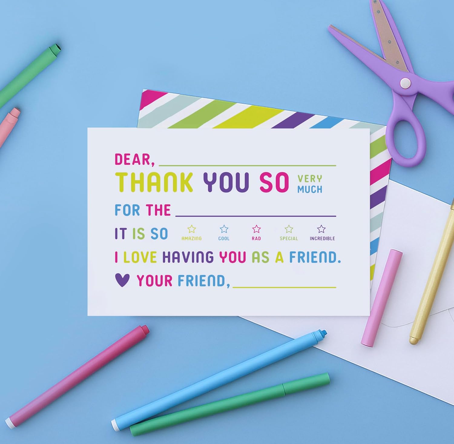 25-Pack Kids Fill-in-the-Blank Thank You Cards with White Envelopes - 4x6 Double-Sided Postcards | Fun and Colorful Design for Birthdays, Holidays, and More (Colorful) - Image 3