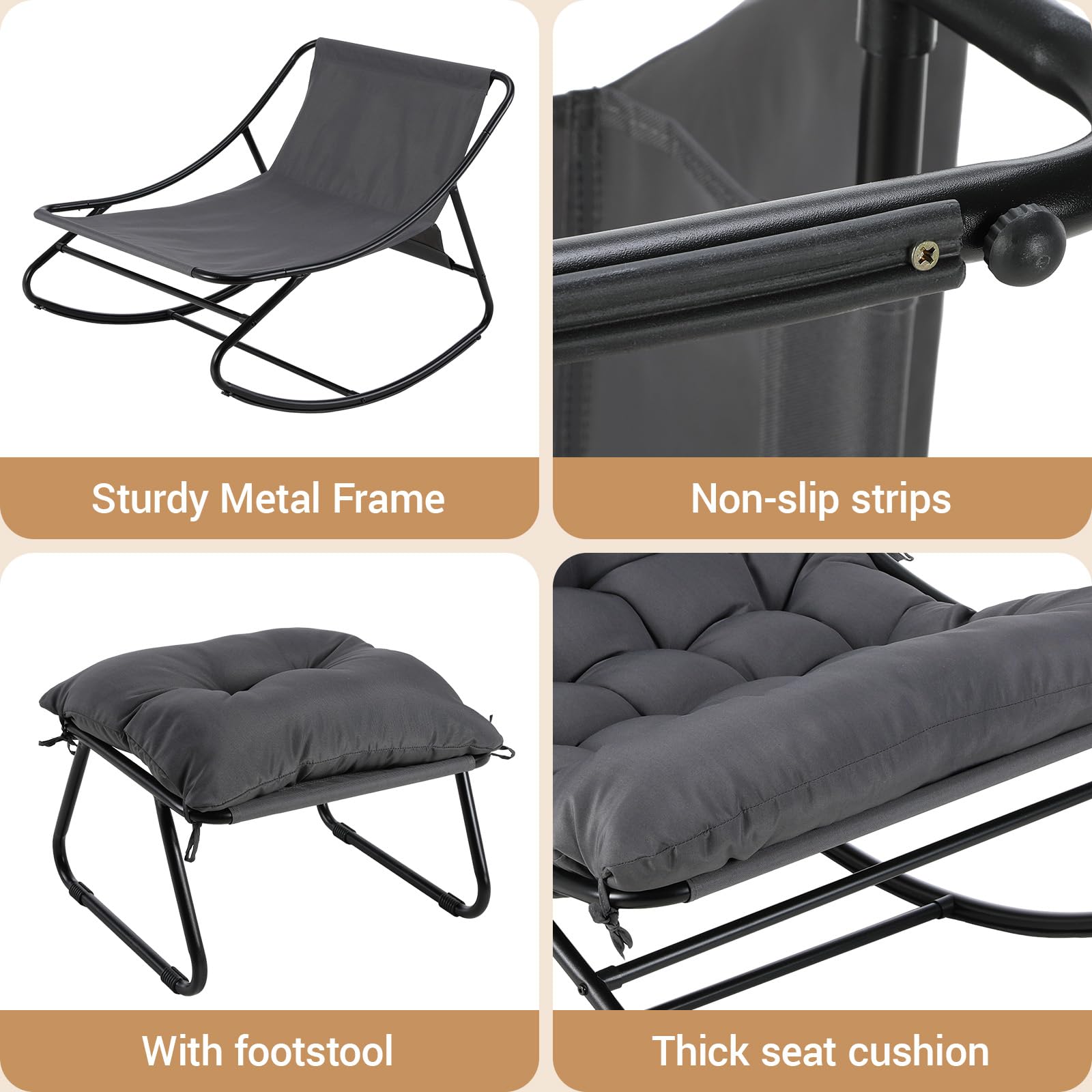 LIFERUN Schaukelstuhl mit Hocker, Patio Schaukelliege, Waterproof, 1 PCS | Schaukelsessel mit Gepolsterter, bis 150 kg Belastbar, für Garten Balkon Wohnzimmer Hof Schlafzimmer Terrasse, Grau