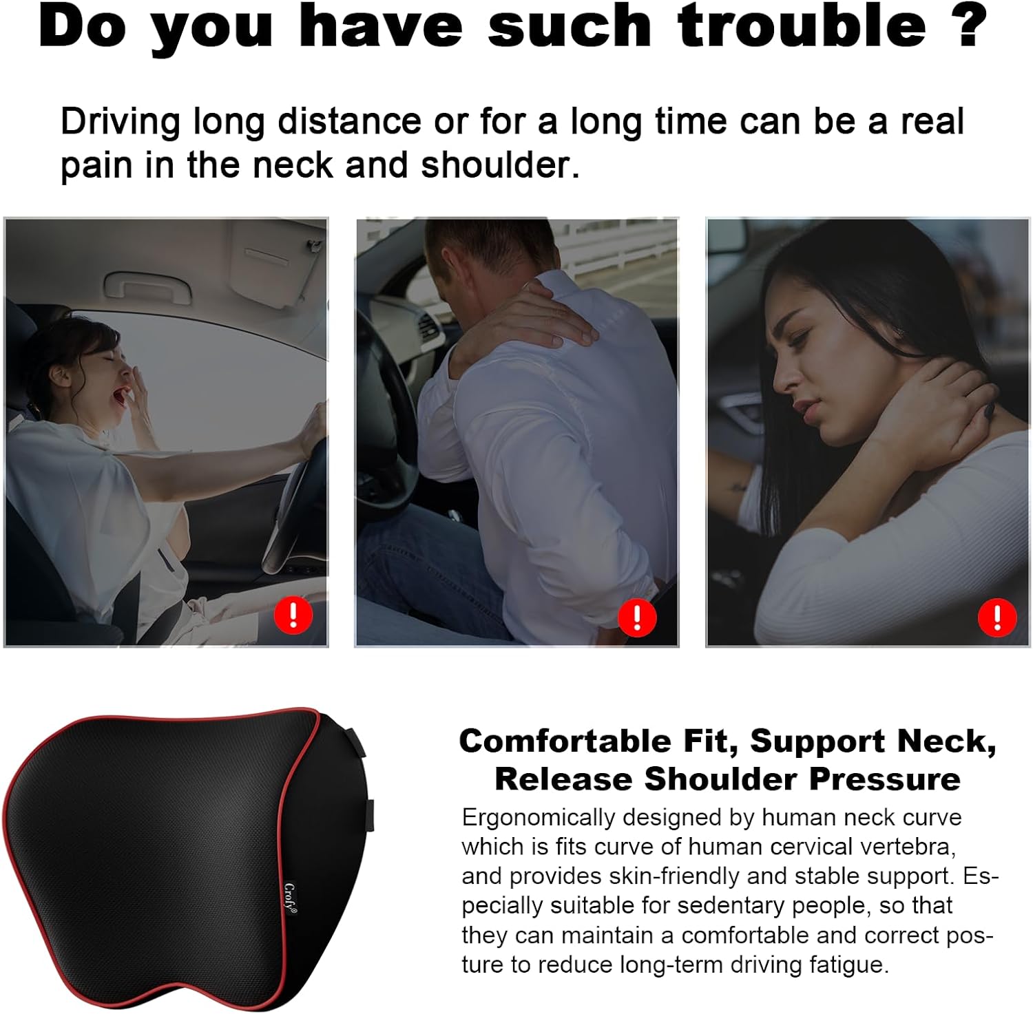 Crofy 2-Pack Car Neck Pillow, Headrest Pillow with Adjustable Strap, Black image 5