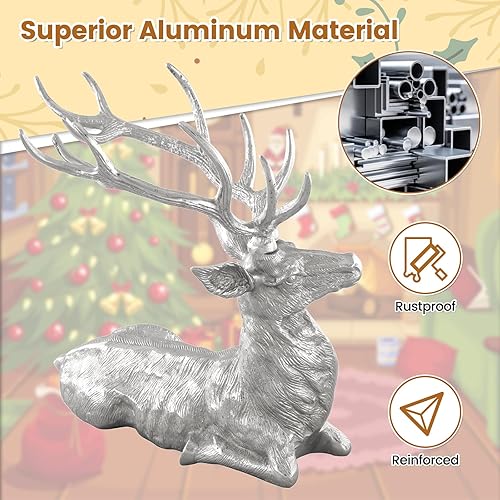 Miniatura 6 de Tangkula Estatua de reno sentado, escultura de ciervo de aluminio para interiores, estatua de decoración de reno de Navidad, estatua para oficina en