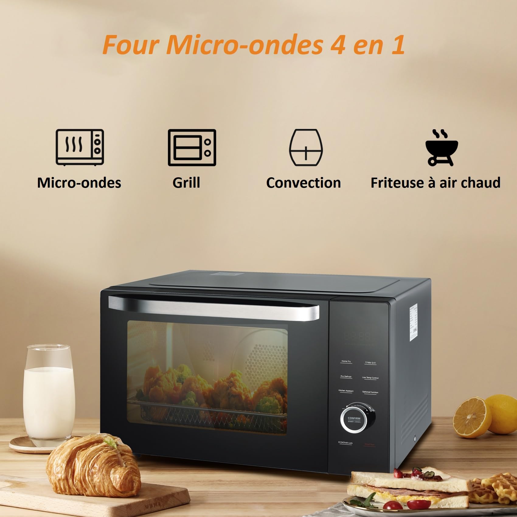 Four Micro-ondes Combiné, 34L, Micro-ondes Multifonctions 4 en 1, Micro-ondes1000W/Grill/Convection/à Air Chaud, 10 Menus Automatiques, Mode ECO, Plateau Tournant 315mm, Noir