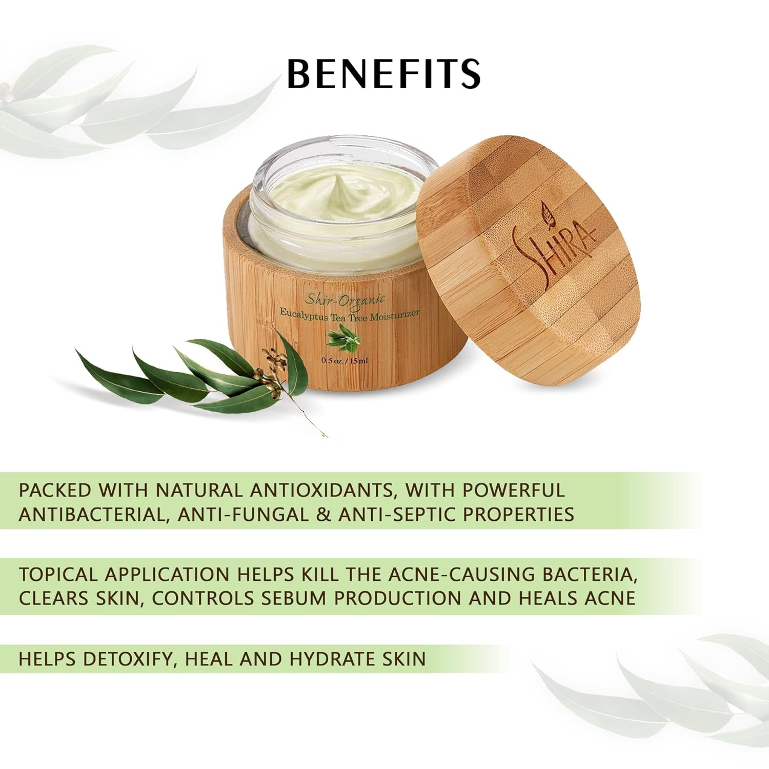Shira Organic 15ml - Eucalyptus Tea Tree Moisturizer – Hydrating Facial Cream for Normal to Oily Skin, Natural Skin Care with Pure Ingredients, Lightweight Daily Moisturizer for Women