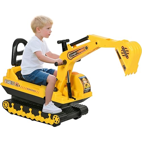 HOMCOM No Power Ride On Excavator Toy Tractors Digger Movable Scooter Walker Pretend Play Toddler Construction Truck Basket Storage for Boys Girls 18-48 Months Yellow Black