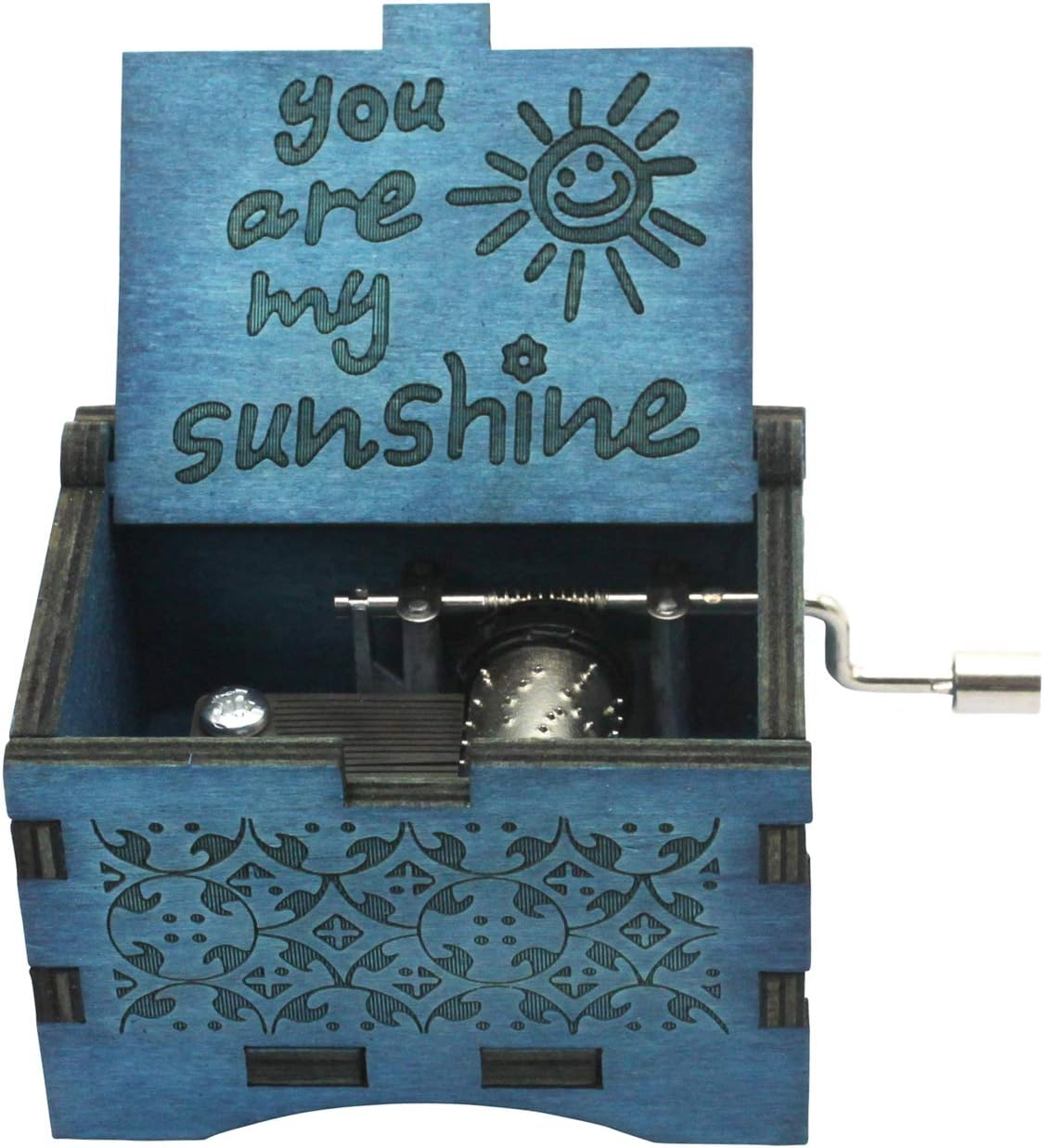 You are My Sunshine Wooden Music Boxes Laser Engraved Hand Crank Classical Wood Sunshine Musical Box Gifts for Birthday Christmas Valentine's Day (Blue Sunshine)