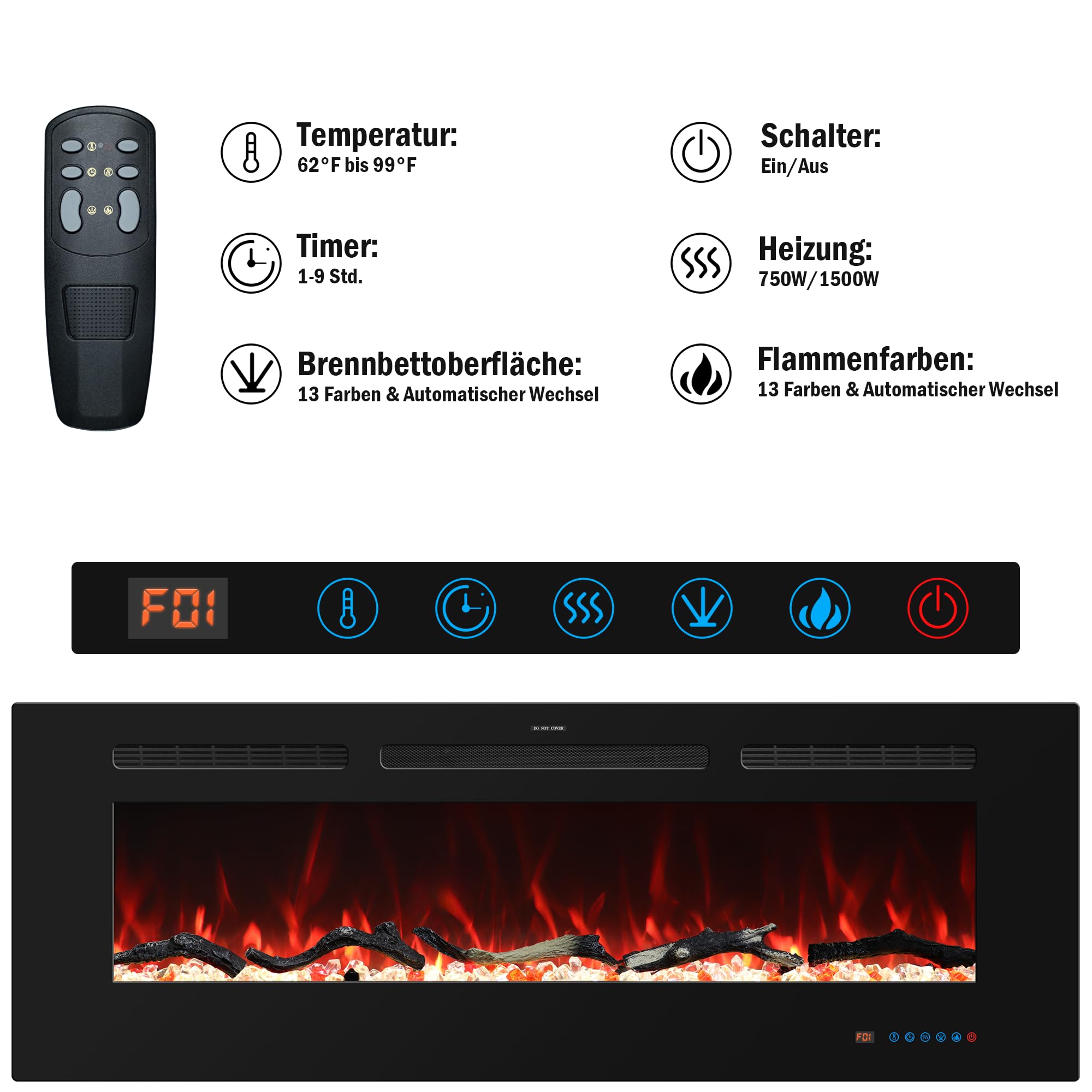 107 cm elektrischer Kamin, Einbau- und Wandkamin Heizung, 750W/1500W linearer Kamin mit Fernbedienung, Touchscreen, 13 Flammenfarben, Timer, Log-Kristall