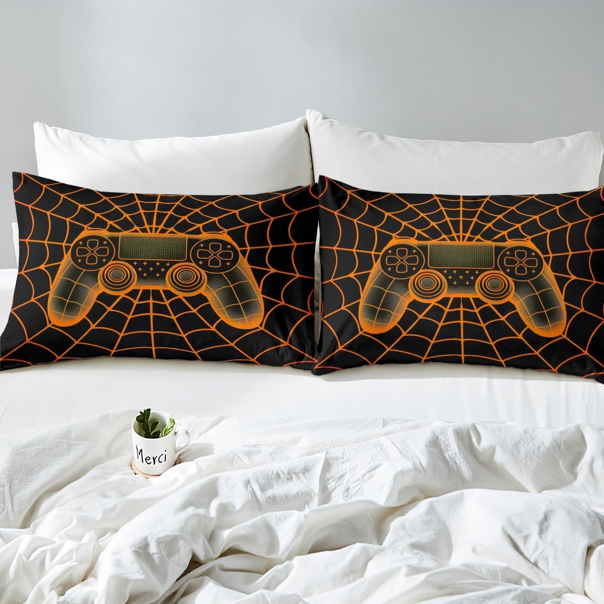 jejeloiu Gamer Fitted Sheet Twin Size Spider Web Bedding Set for Boys Girls Teens Orange Bed Sheets Set Breathable Soft Lightweight Microfiber