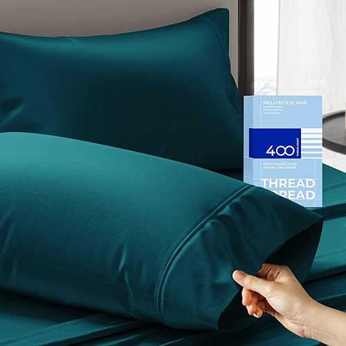 THREAD SPREAD 100% Cotton Pillowcases Standard/Queen Size Set of 2-400 Thread Count Cotton Pillowcases, Ultra Soft Cooling Sateen Weave Pillow Cases for Sleeping, Set of 2 Pillow Covers (Teal)