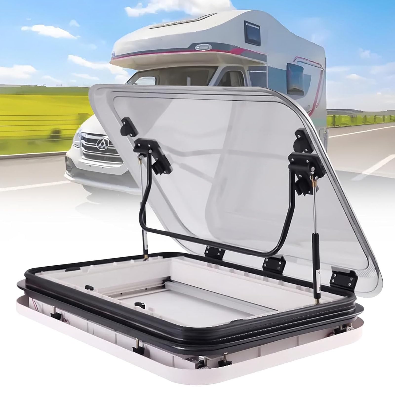 Drmoxin RV Caravan Skylight, RV Skylights Caravan Motorhome Roof Vent Hatch, Roof Window with LED Light Camper Windo.ws Replacement Skylight with Lamp for RV Caravan Motorhome 70x50cm