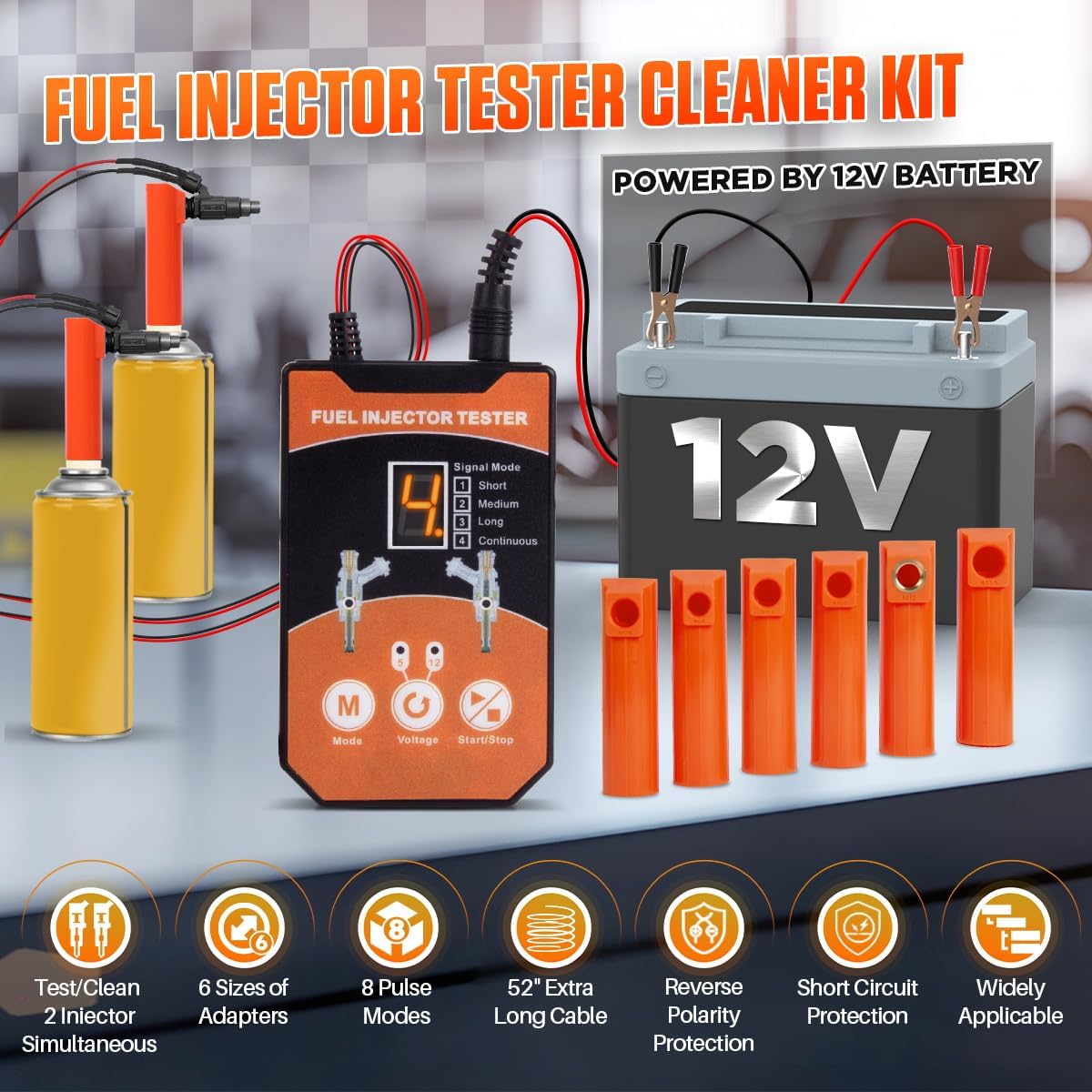 Fuel Injector Cleaner Kit Universal Fuel Injector Tester And Cleaner Kit,8 Pulse Modes Fuel Injector Cleaning Kit,DIY Fuel Injector Cleaner Tool with 6 Size Cleaning Adapters,12V/5V Output Power