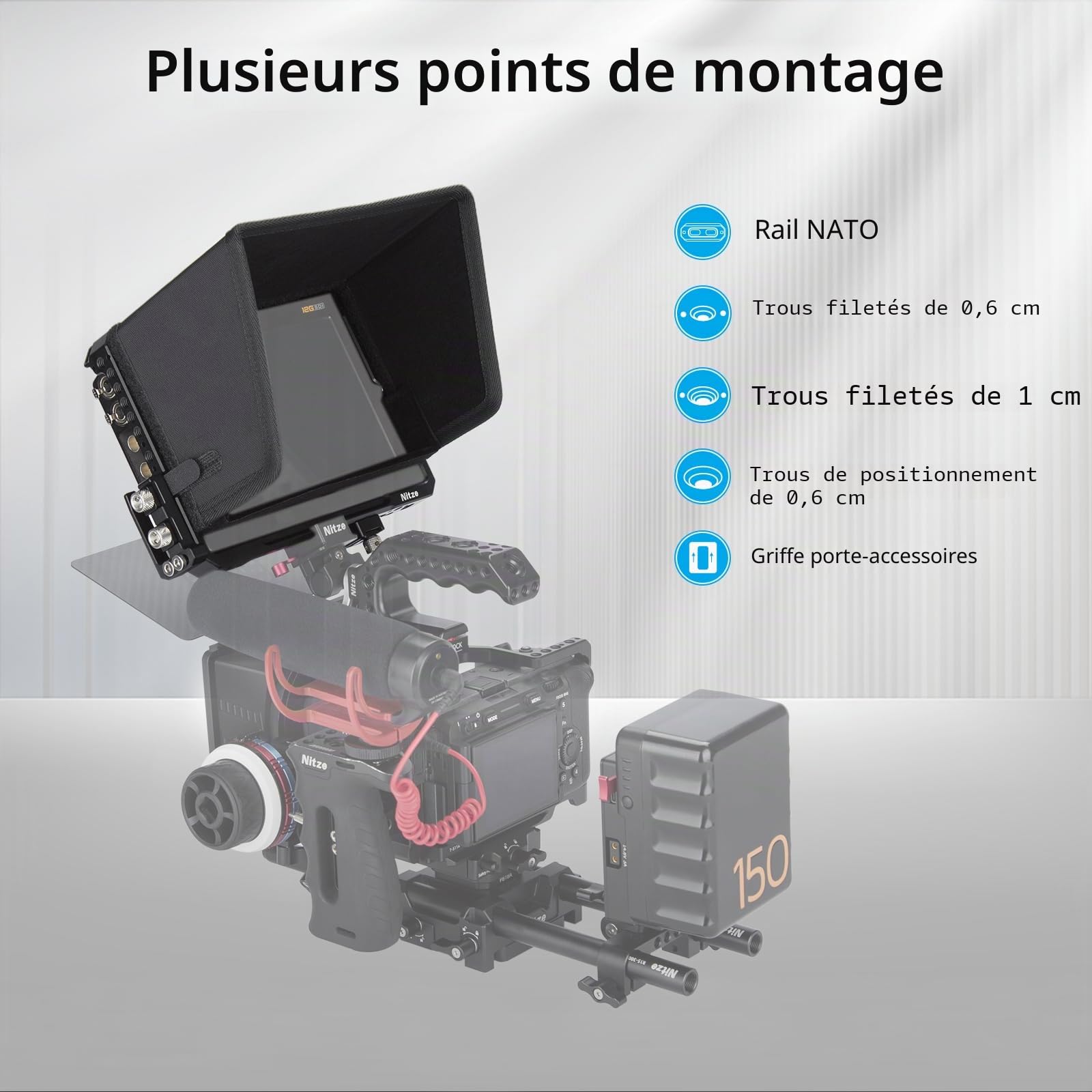 Nitze Cage pour Moniteur d'Enregistrement Blackmagic Design Video Assist 7" 12G-SDI/HDMI HDR avec Pare Soleil, Serre Câble HDMI et Serre Câble USB-C - JT-B02B