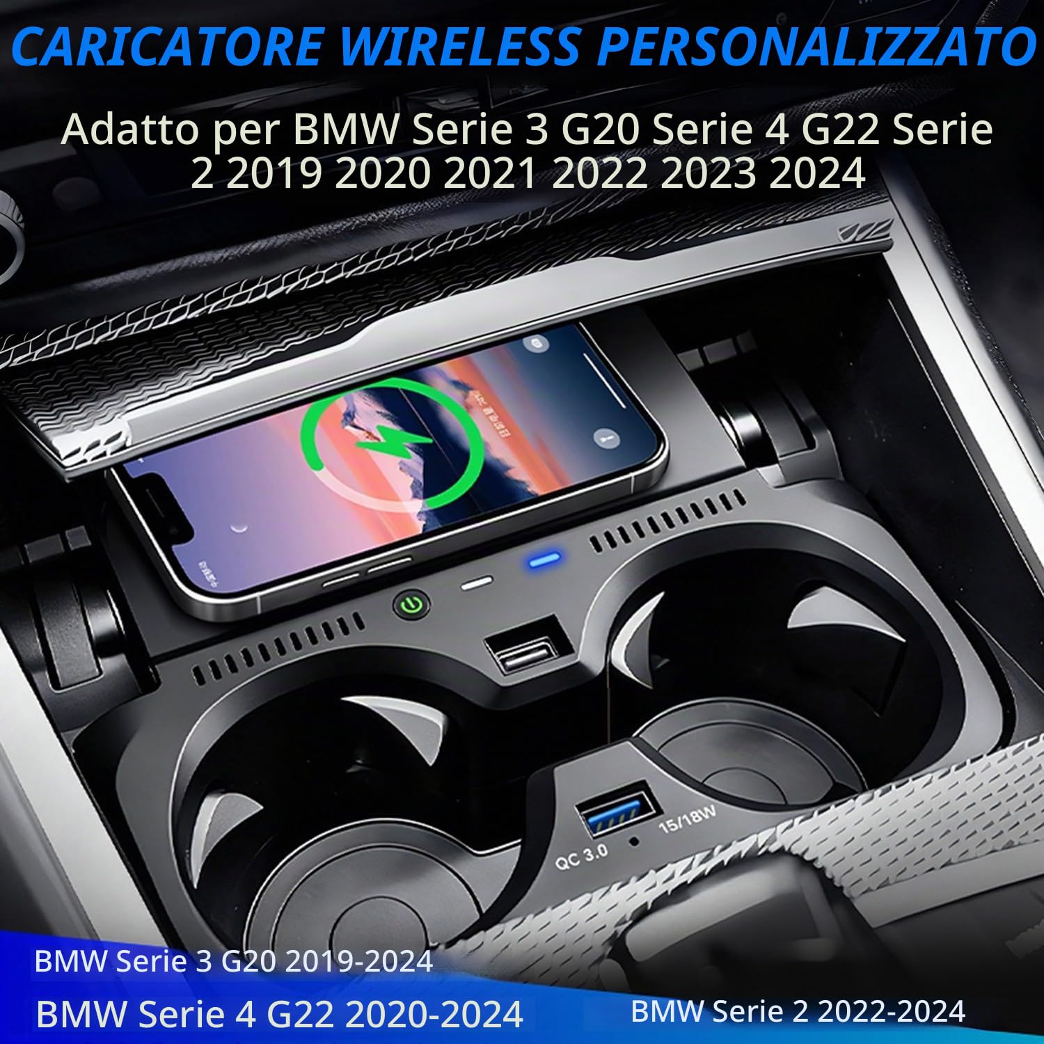 Caricabatterie Wireless per BMW 3 Series G20 2019-2024, BMW 4 Series G22 2020-2024, BMW 2 Series 2022-2024, OEM personalizzato con QC3.0 USB Rapida Ricarica Telefono Pad (Non per NFC)(black)