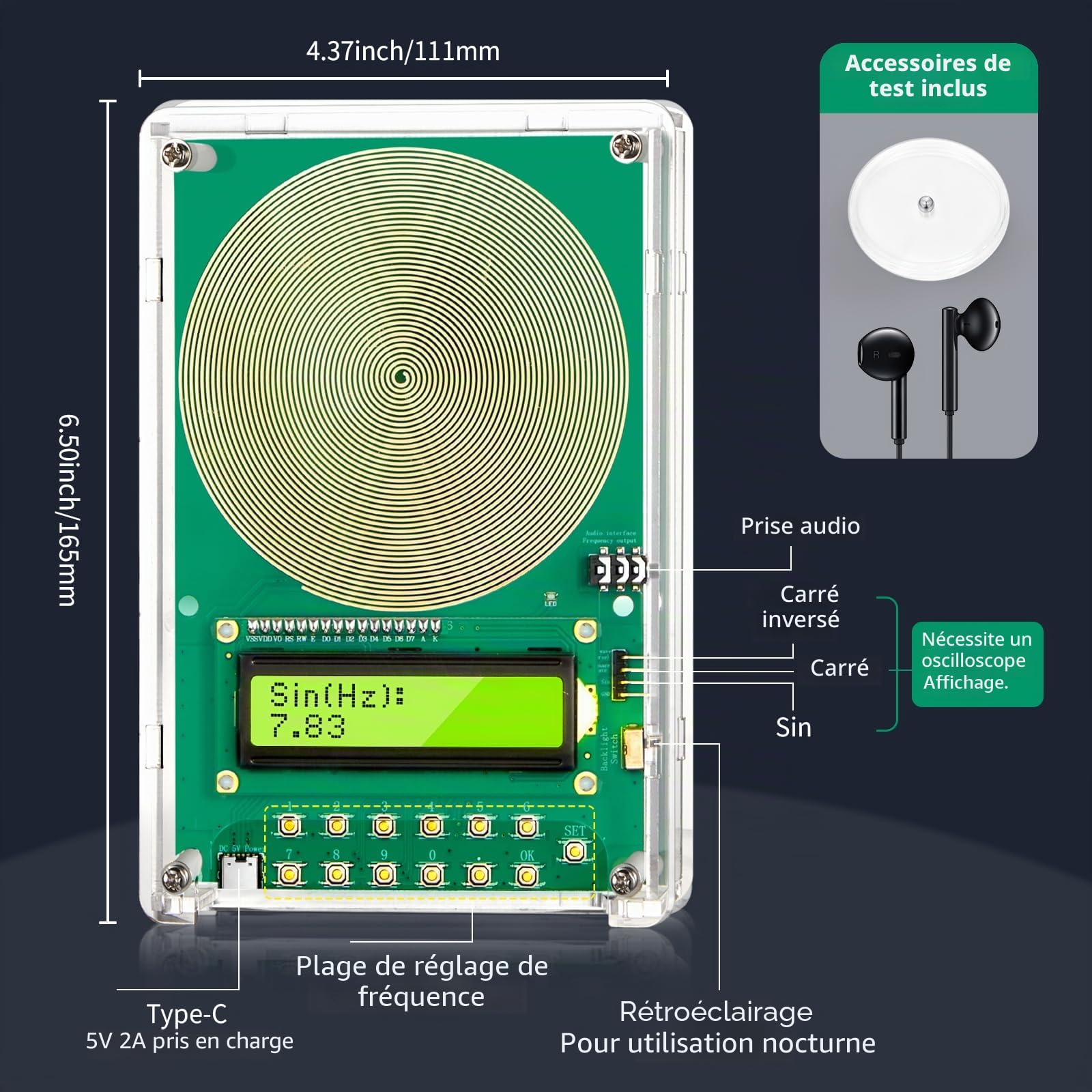 Générateur de fréquences 7,83 Hz réglable 0,1 Hz-200 kHz, avec écran et connexion USB - Générateur de fréquences pour l'aide au sommeil, portable pour la maison, le bureau, comme cadeau de