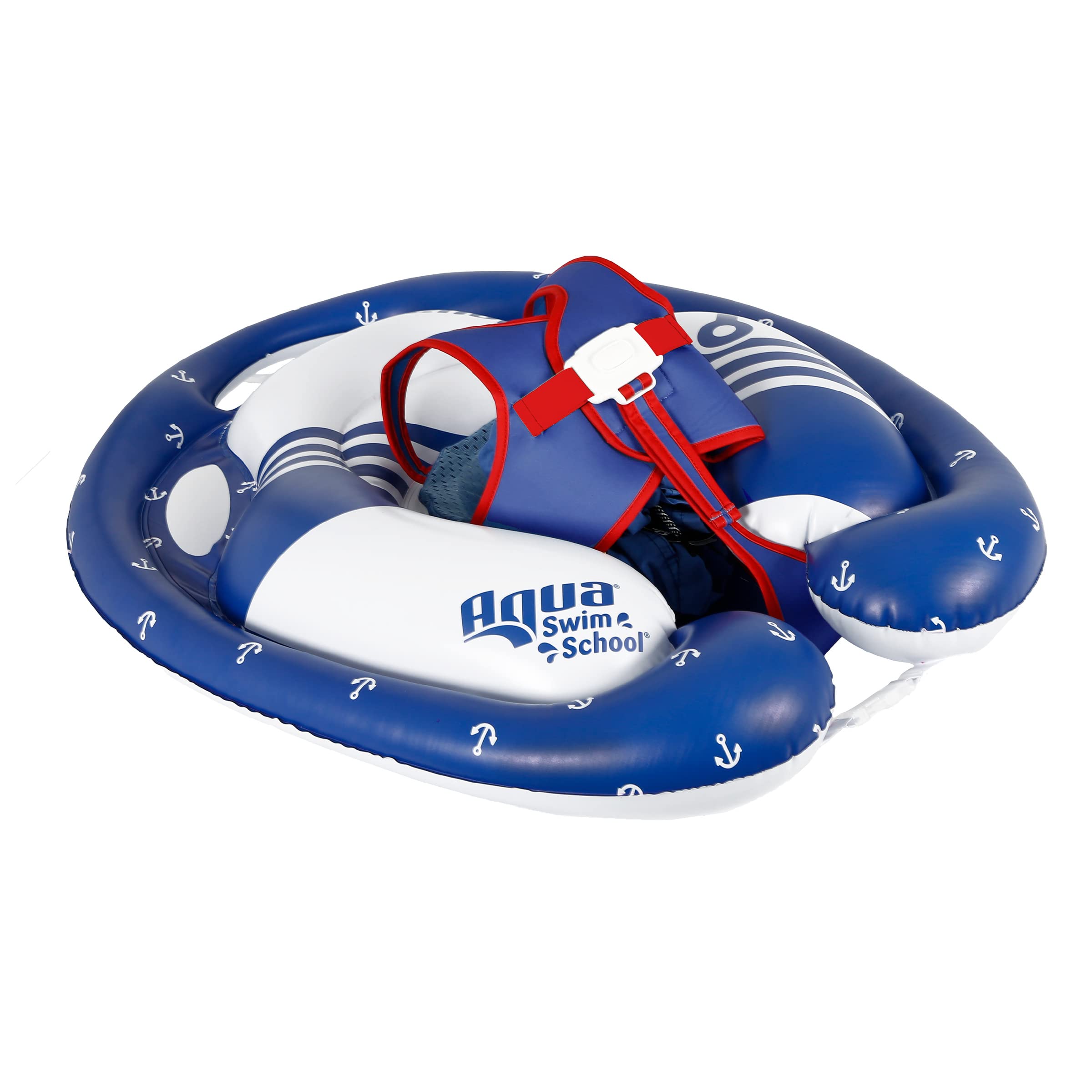 Freestyle Swimmer Baby Pool Float with Multi-Position, Adjustable Safety Seat, Free Swimming, Dual Air Chambers Safe, Red-White-Blue Nautical