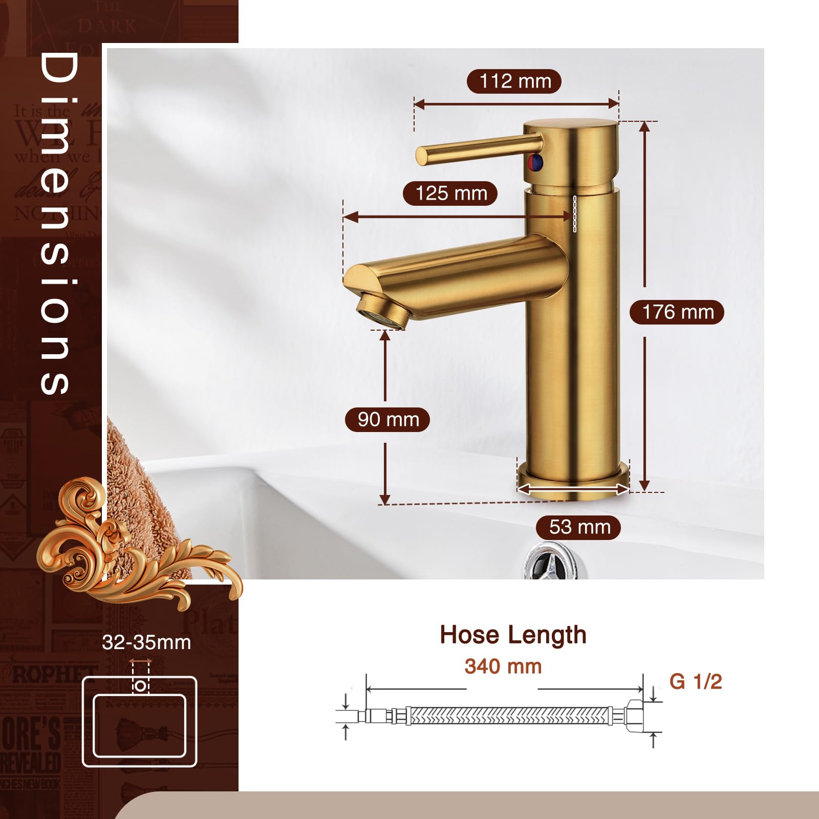 Peppermint Rubinetto Miscelatore Mono Per Lavabo, Oro Spazzolato, Con Tubi Flessibili, Cartuccia In Ceramica, Tecnologia PVD