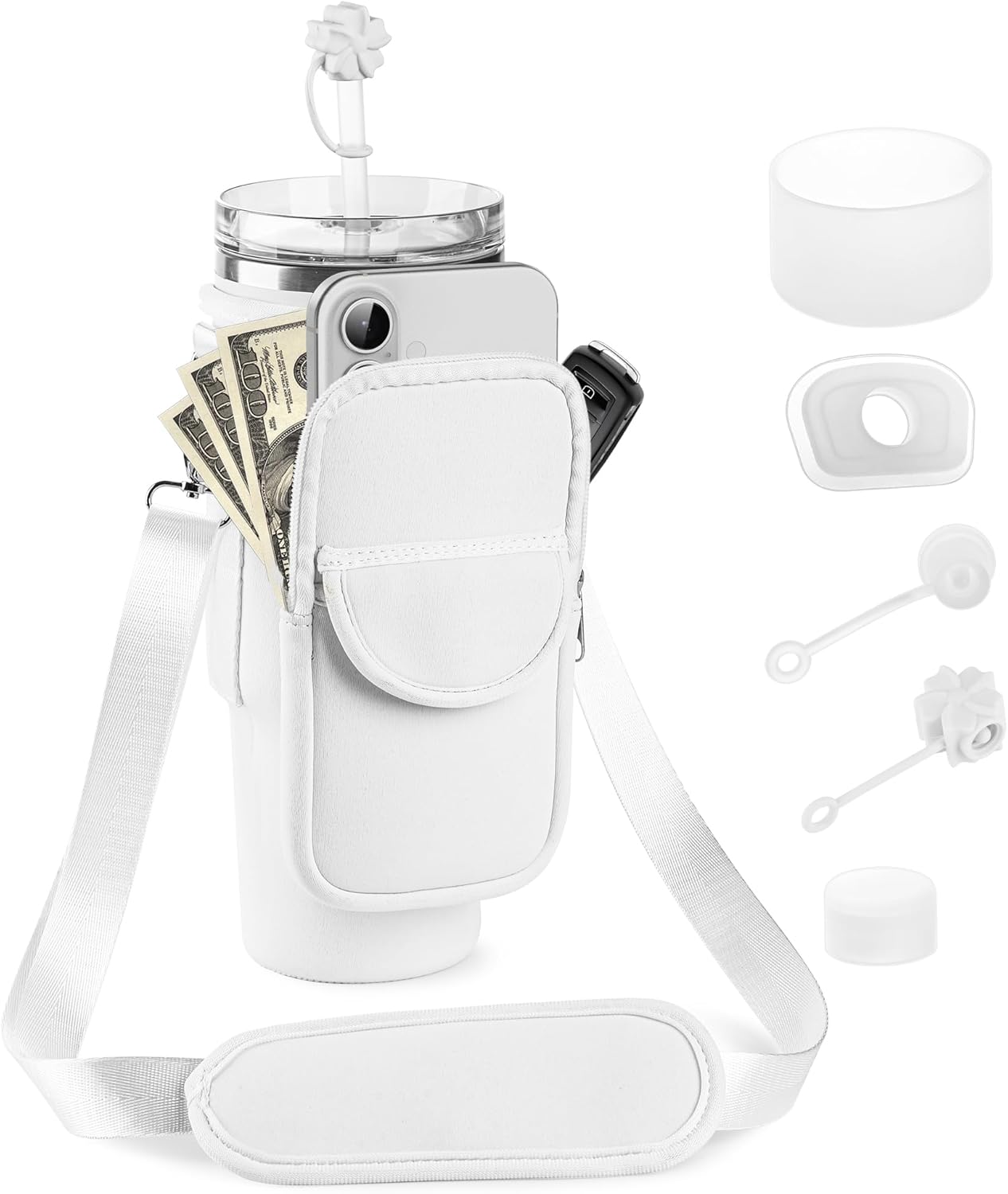 Water Bottle Holder with Strap for Stanley 30/40 oz Tumbler, Fashion Stanley Cup Bag with Big Phone Pocket, Silicone Boot, Straw Cover & Leak Proof Stoppers (White)