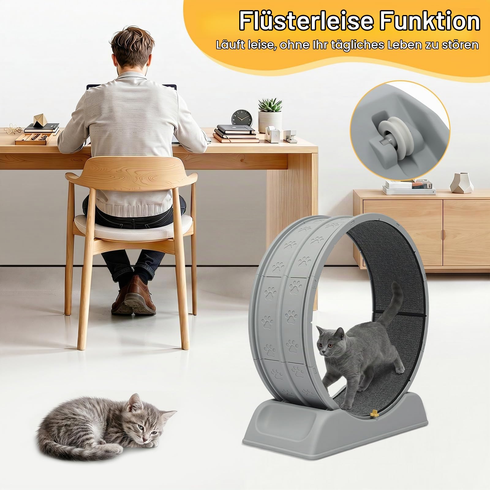 Katzenlaufrad 80cm – Großes Laufrad für Wohnungskatzen, Robuster Fitnessrad mit Sicherheitsschnalle, Teppich & Spielangel – Für alle Katzen bis 10kg (Grau)