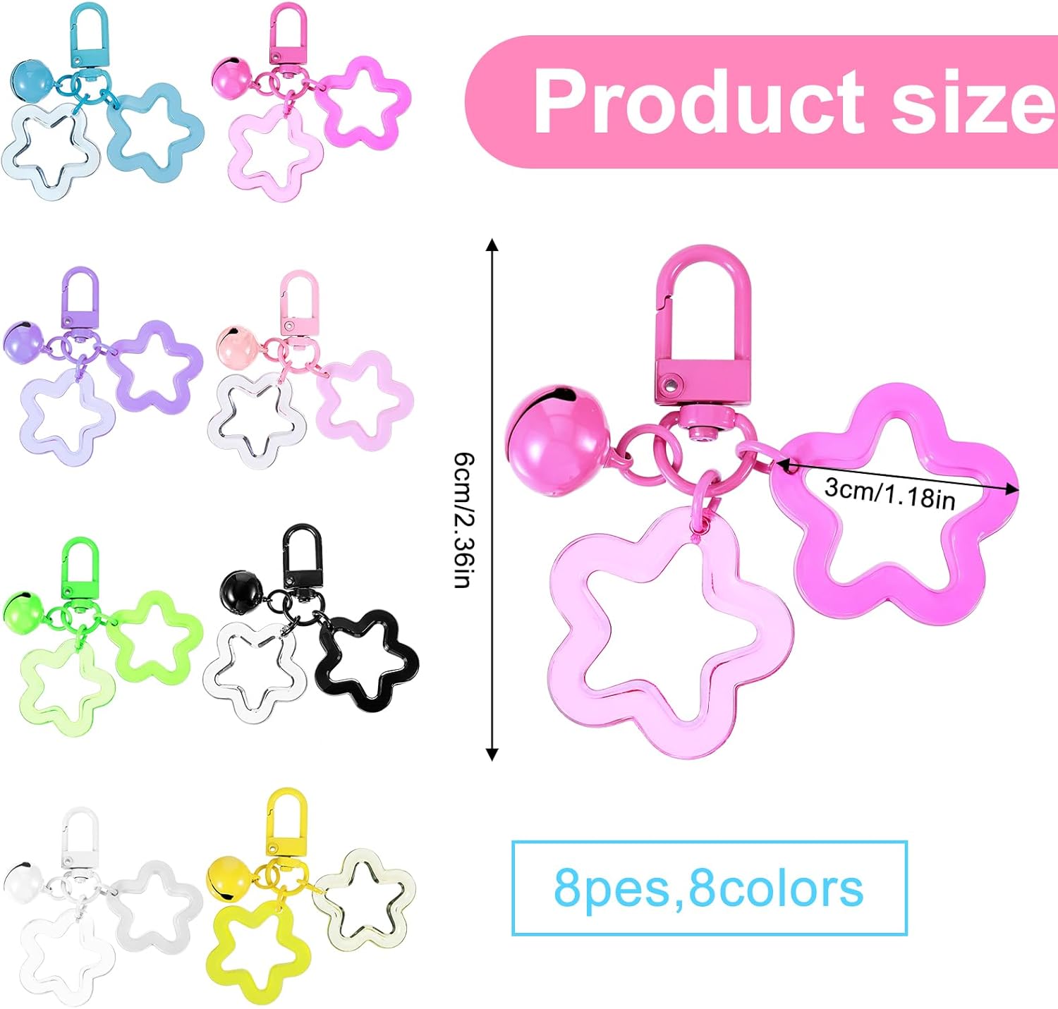 8PCS Star Keychain Clasp,Cute Star Keychains,Candy Color Acrylic Bag Charm Clip, with Bell, for Handbag Decoration, Mobile Phone Case Accessories, Car Key Pendant, Wallet Pendant - Image 2