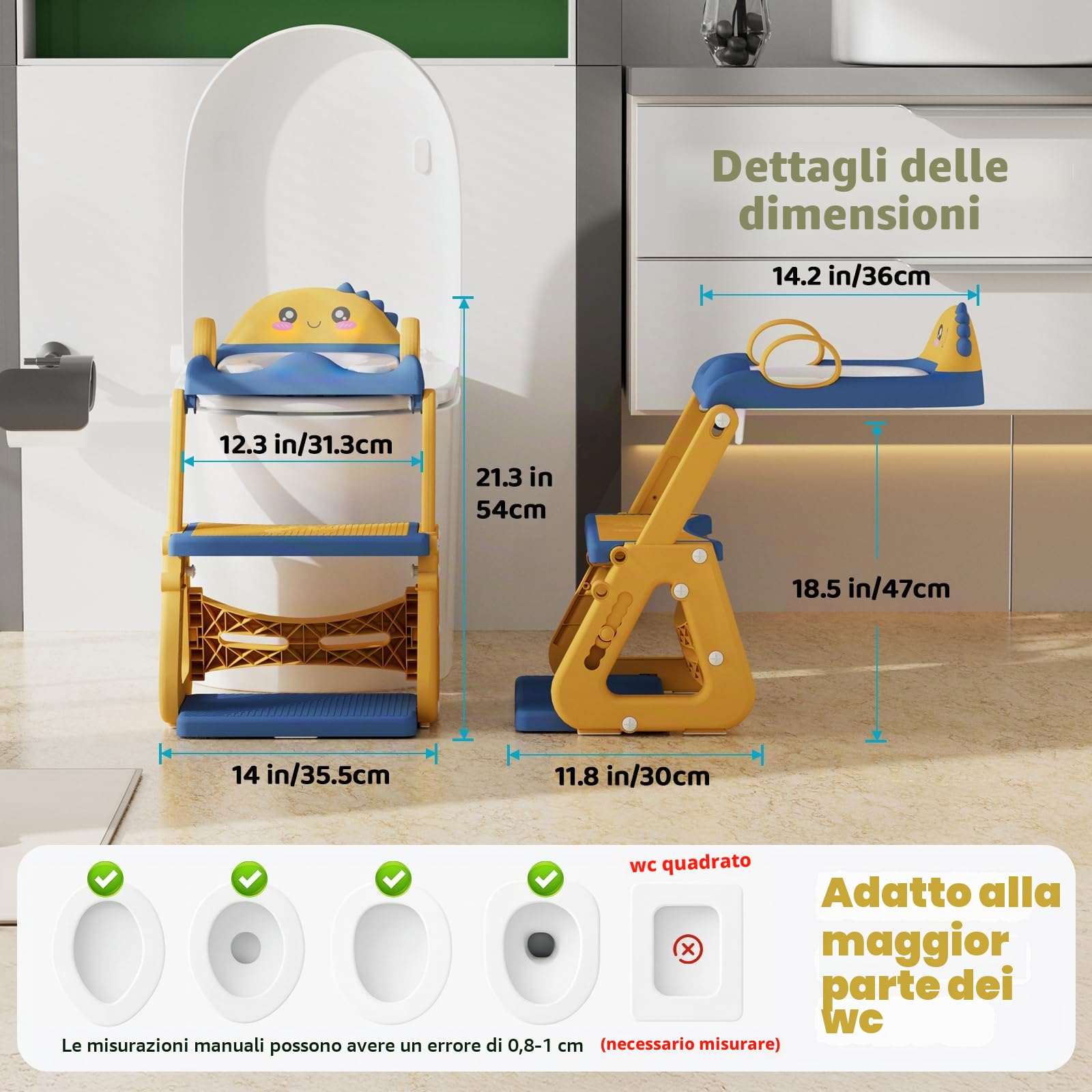Riduttore Wc Bambini con Scaletta, 2 In 1 Scaletta Wc Per Water Bambini con Struttura a Triangolo, Paraspruzzi Estesi Regolabile e Pieghevole Sgabello Antiscivolo, Adattatore per Bambino e Cuscino