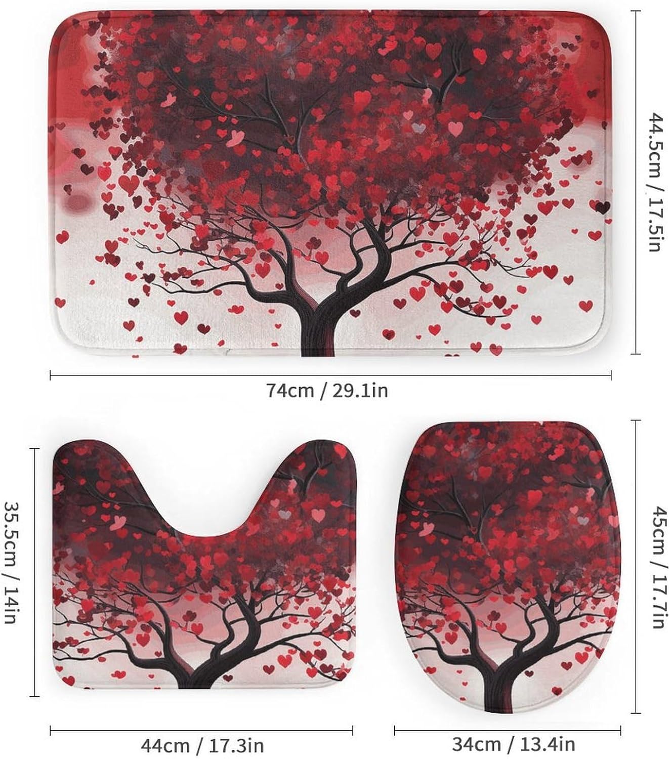 Red Love Heart Tree Shower Curtain Set 4 Piece, Non-Slip Bath Mat with Toilet Lid Cover and Waterproof Shower Curtain with 12 Hooks, Complete Bathroom Set for Home Decor