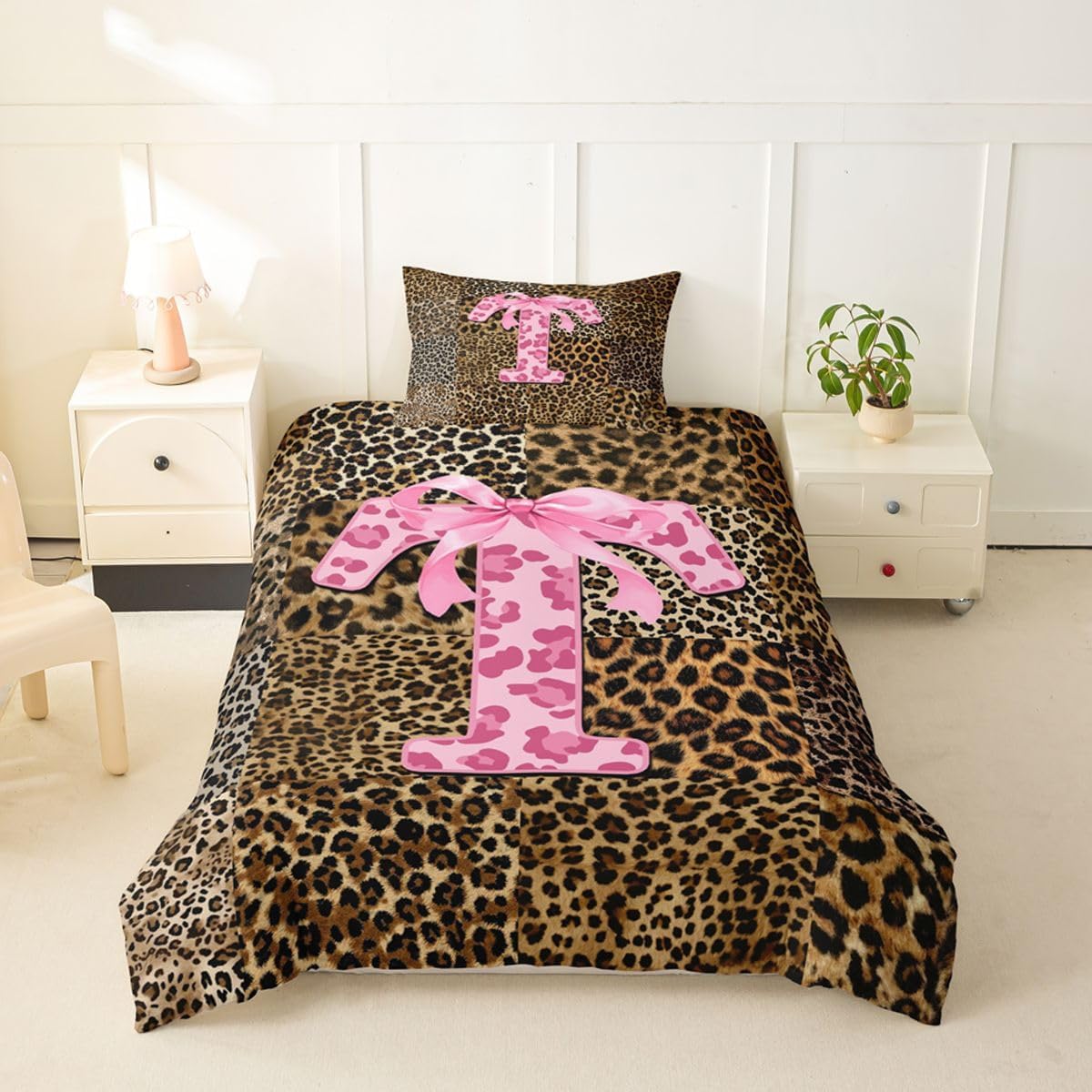 Erosebridal Brown Leopard Print Toddler Duvet Cover Letter Initial T Comforter Cover Personalized Cheetah Bow Bedding Set Pink Alphabet Cheetah Print Quilt Cover