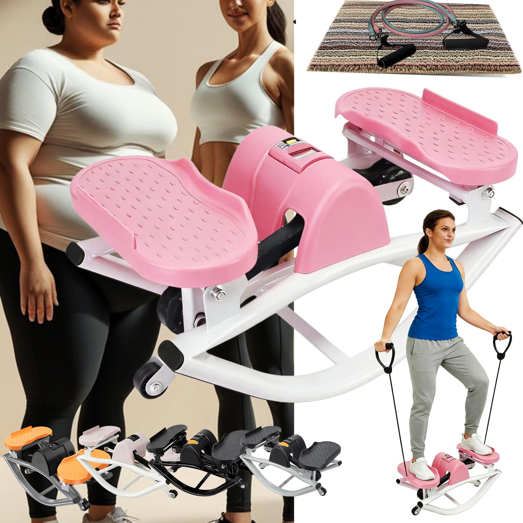 Rocking Stepper Side To Side Rock Stepper Exercise Machine Lhanel With Resistance Bands&Led Display, Low-Impact Home Workout Machine For Knees Joints Legs Body (Pink B, SETS)