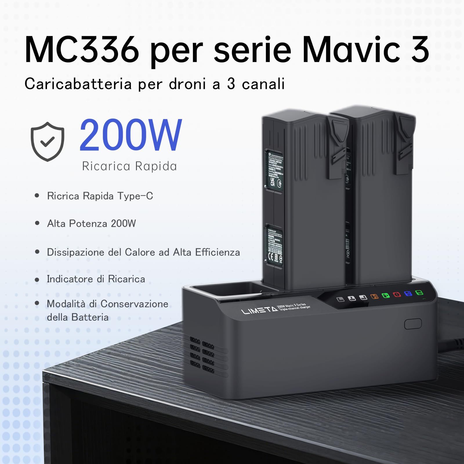 LIMETA MC336 Caricabatterie 200W 3 Canali per DJI Mavic 3 Pro/3 Classic/3 Enterprise, Hub Ricarica Rapida Parallela con Funzione di Scarica e Archiviazione Intelligente per Batterie Drone