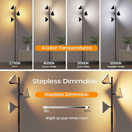 Miniatura 4 de RGBCW - Lámpara de pie LED de árbol que cambia de color de 36 W, lámpara de pie alta regulable sin escalones con control remoto y táctil, lámparas