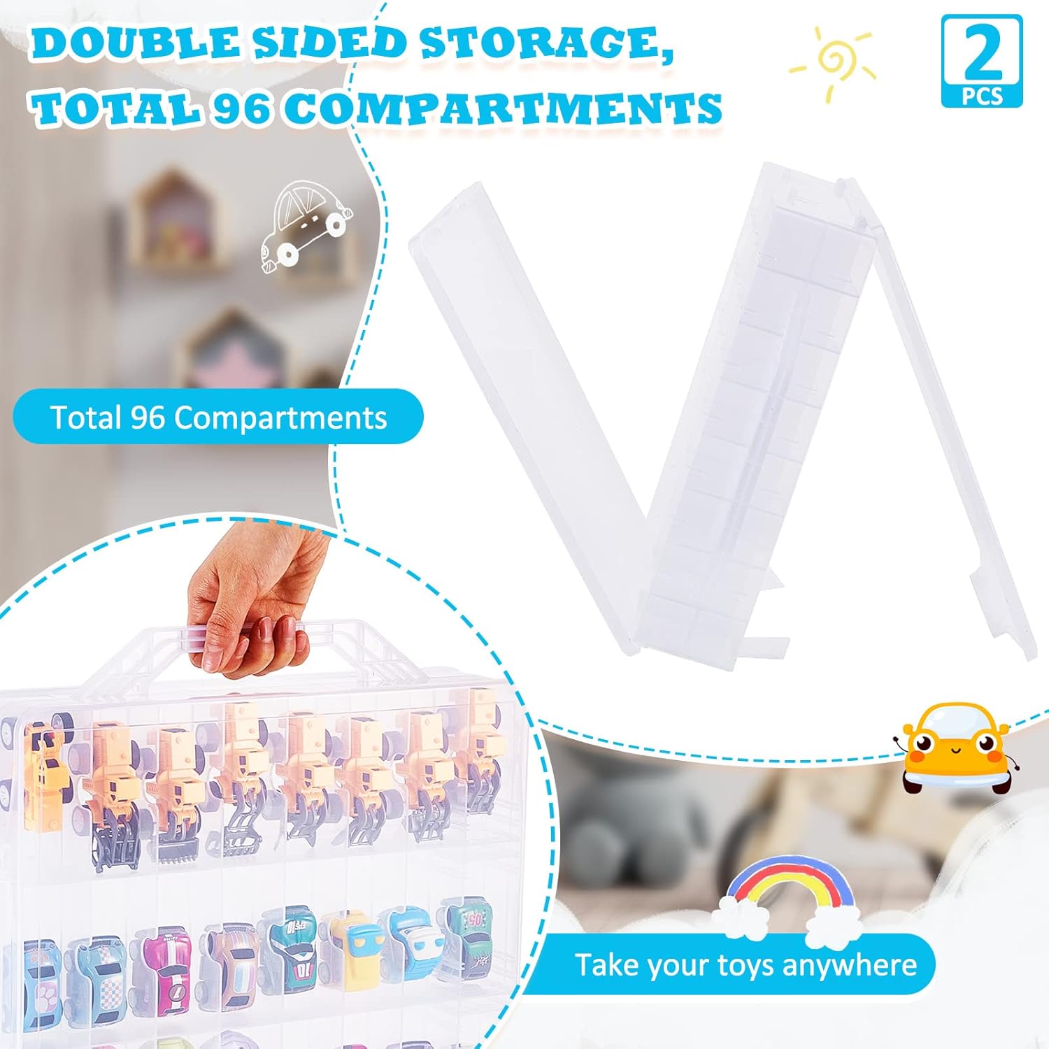 Marsui 2 Pack Toy car Storage Case with 48 Compartments Toy Organizer Compatible with Cars, Small Dolls, Tiny Toys, Crafts Supplies