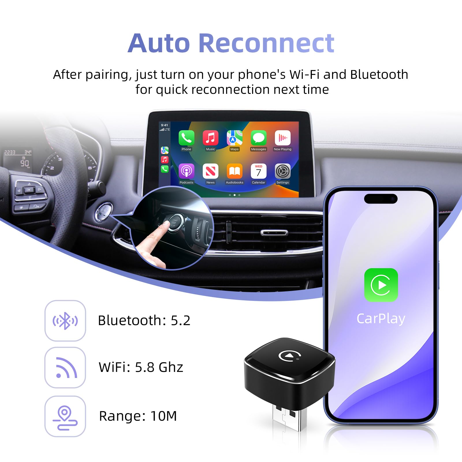 EZoneTronics 2-in-1 Adattatore CarPlay Wireless, Android Auto Wireless, USB/Type-C senza fili, Plug & Play, Connessione Veloce e Stabile senza Ritardi, Compatibile con iOS 10+ e Android 11+