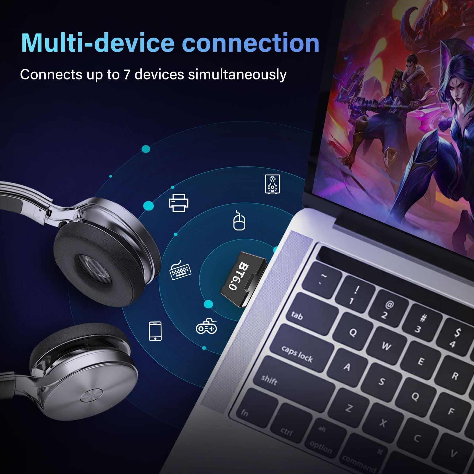 Dongle Bluetooth 6.0, Cle Bluetooth pour PC, Adaptateur USB pour Windows 11/10/8.1, Plug and Play, pour PC, Ordinateur Portable, Souris, Tablette, Casque, 7 Dispositifs