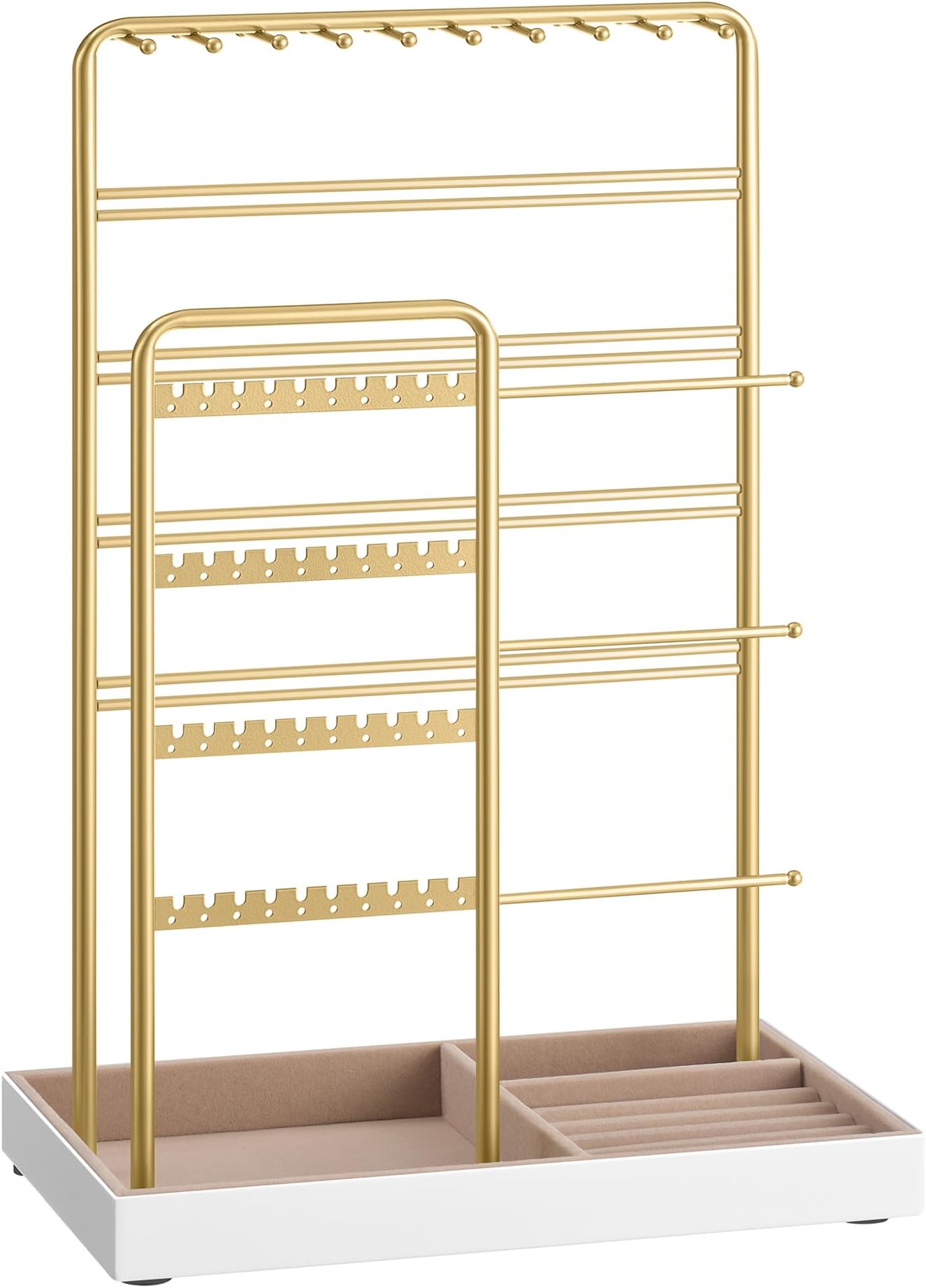 SONGMICS Jewellery Stand, Jewellery Organiser, Jewellery Display Stand, Metal Frame, Velvet Tray, Earring Bracelet Necklace Holder, for Studs, Rings, Gift Idea, Pale Gold JJS028A01