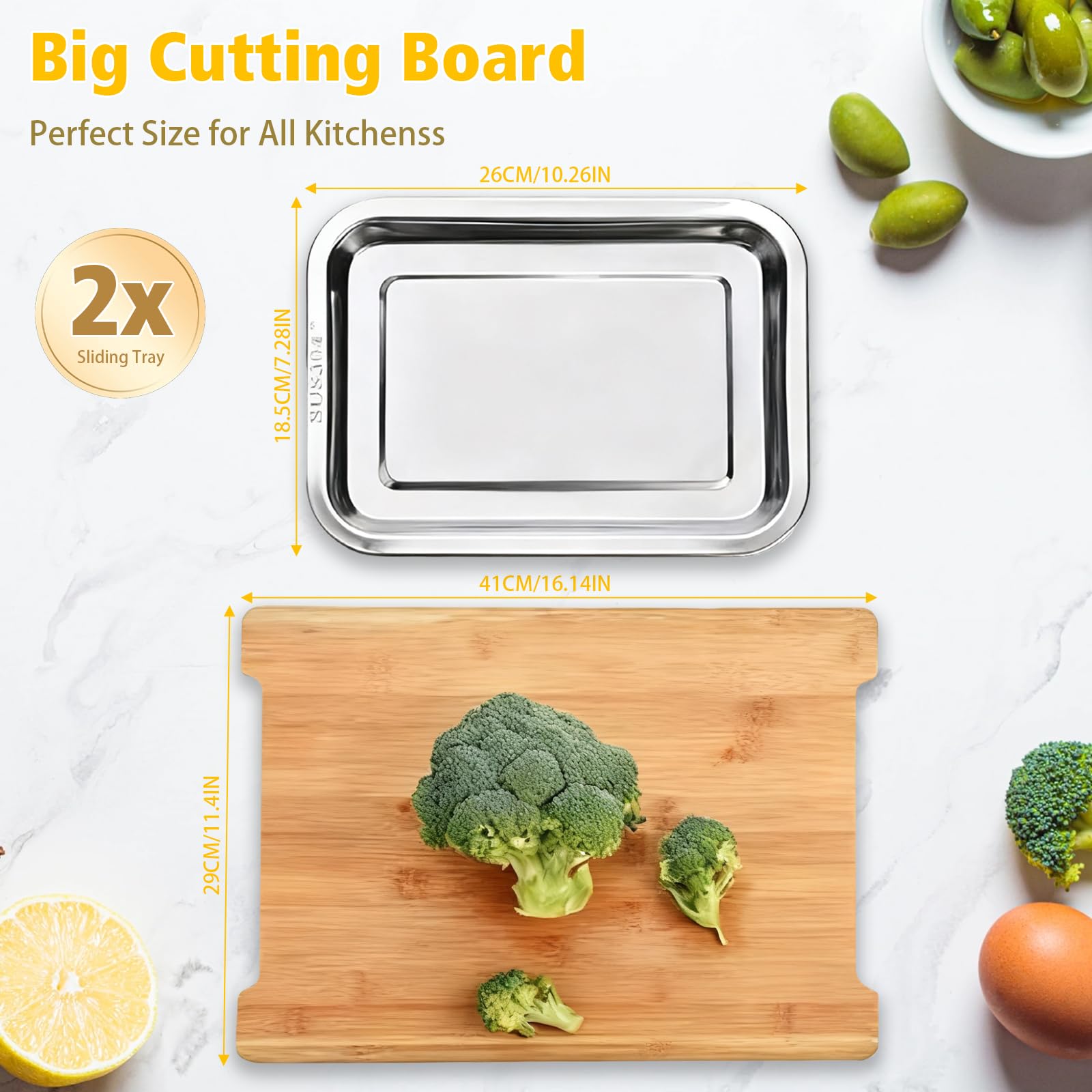 Tabla de cortar de bambú, tabla de cortar de cocina con 2 bandejas deslizantes de acero inoxidable para preparación de alimentos, carne, verduras