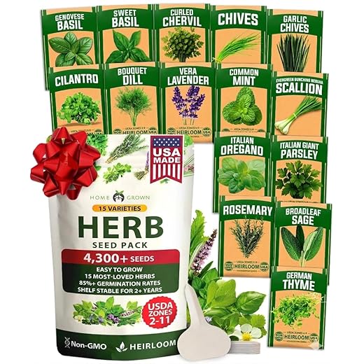 HOME GROWN Herb Seeds for Planting 15-Pack Massive Seed Count 5,100+ Seeds Non-GMO Heirloom | Extra Large | Culinary Herb Kit, Indoor Outdoor & Hydroponic | Grow Your Own Herbs | Gardening Gift