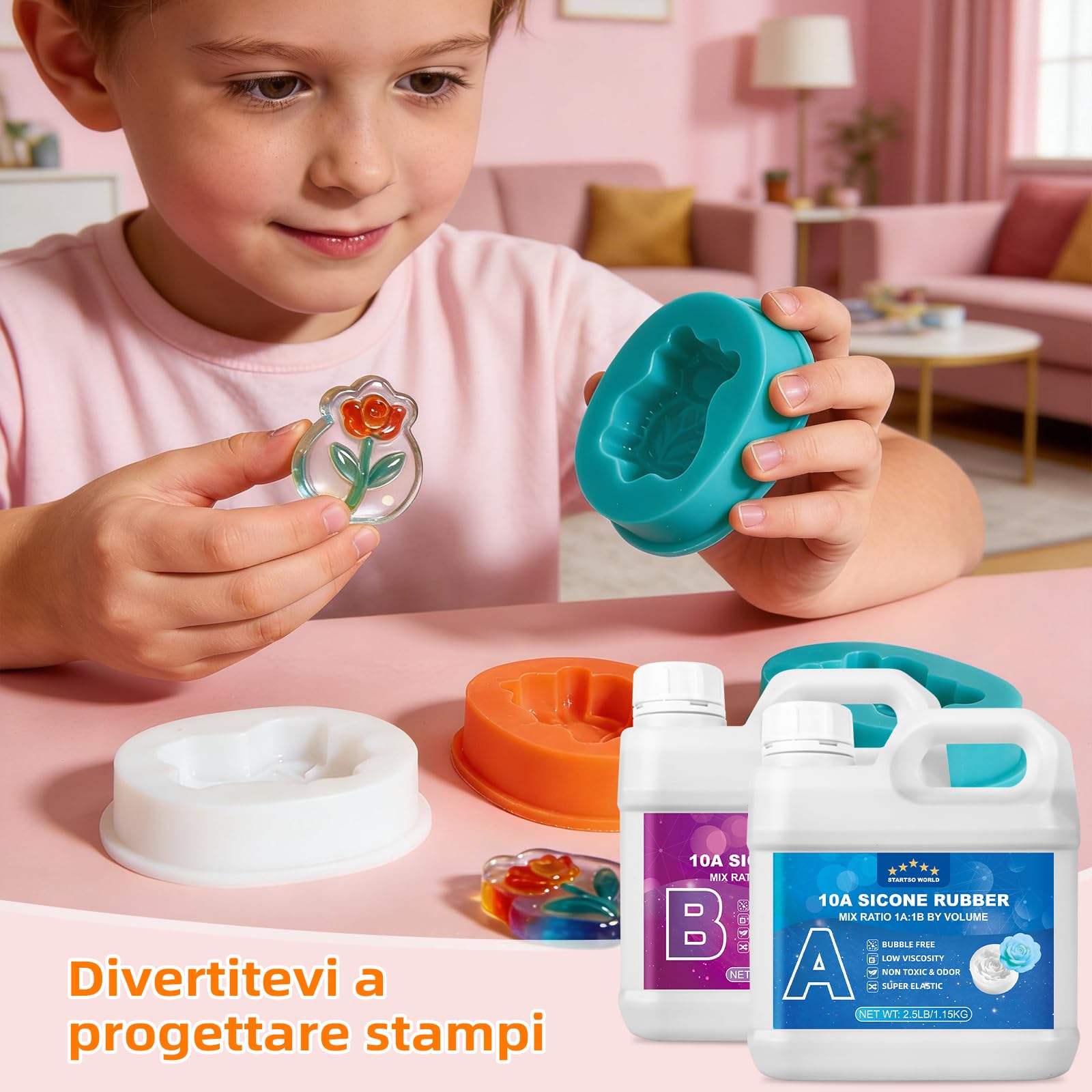 Silicone per Stampi 10A, Silicone Liquido per Moulage, 1:1 per volume, Non Tossico, Perfetto per la Realizzazione di Resine, Moulage, Cera, Intonaco （Translucido, 2.5KG）