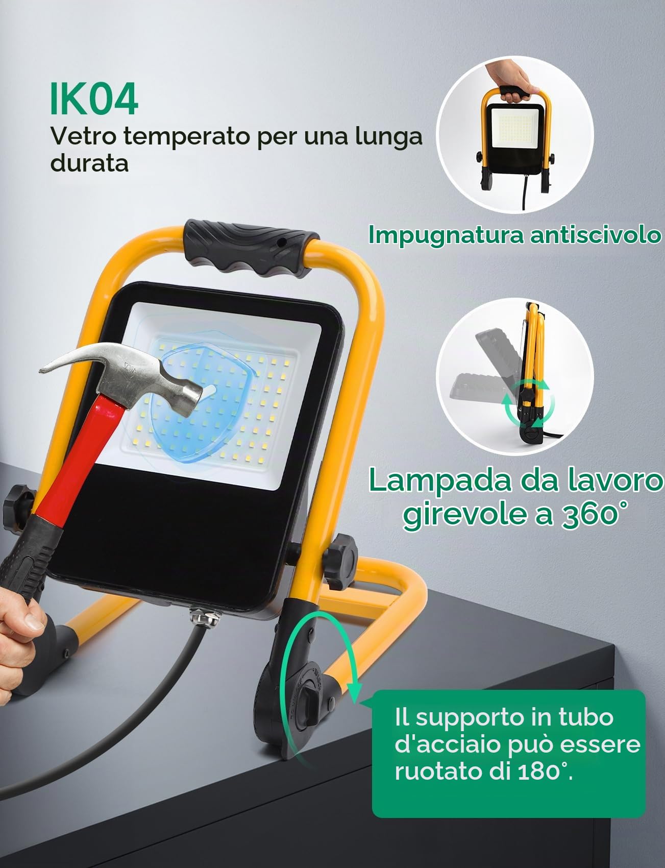 Aigostar Faro da Cantiere 50W, IP65 Impermeabile, Faretto Led da Cantiere con Spina, 6500K Bianco Brillante per Esterno, Lavori, Giardini e Garage, Rotazione 360°, portatile 4 pcs(Senza supporto)