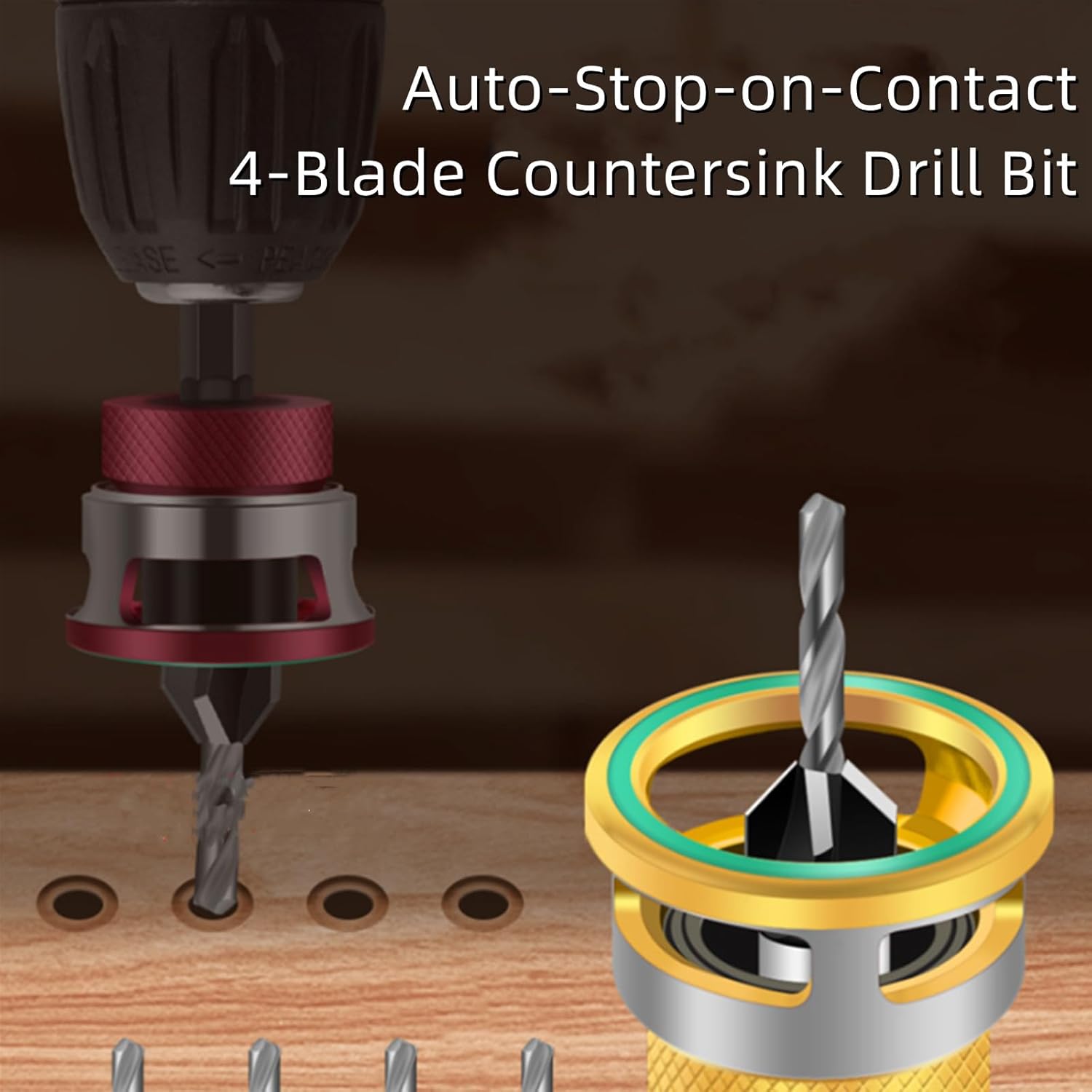 Two-Flute Counterbore with Depth Stop, Countersink Drill Bit Set with Depth Stop, Countersink Drill Bit Set, Drill Bit Depth Stop Collars, Pro-Series Counterbore with Smart Depth Stop (Gold)